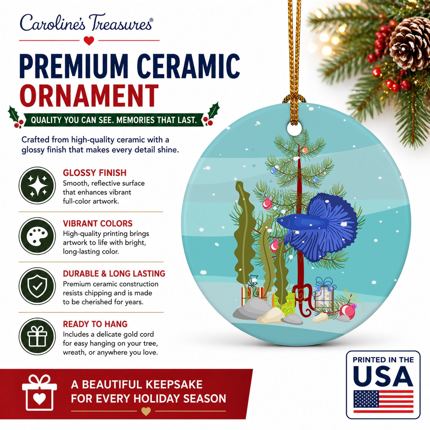 Super Delta Tail Betta Merry Christmas Ceramic Ornament Christmas Tree Hanging Decorations for Home Christmas Holiday, Party, Gift, 3 in, Multicolor