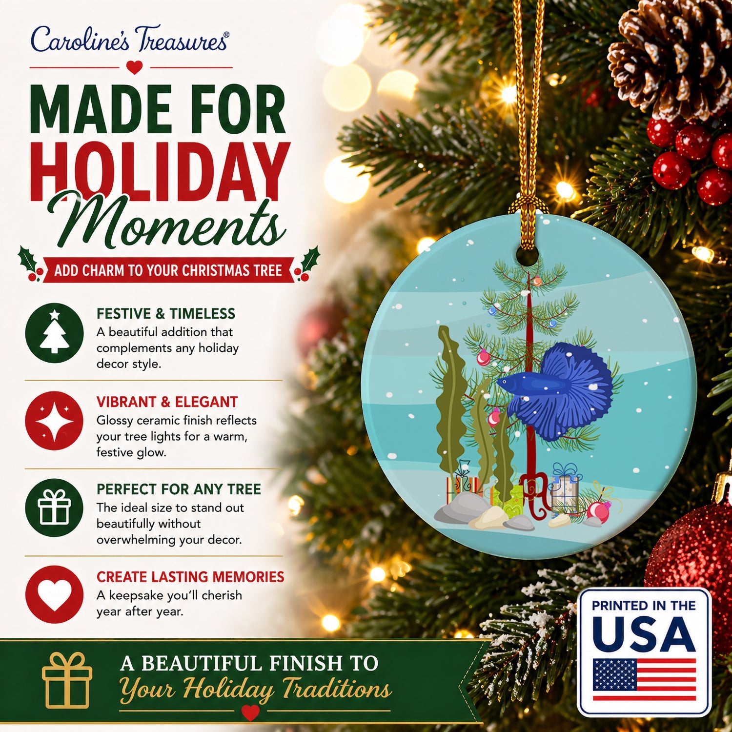 Super Delta Tail Betta Merry Christmas Ceramic Ornament Christmas Tree Hanging Decorations for Home Christmas Holiday, Party, Gift, 3 in, Multicolor