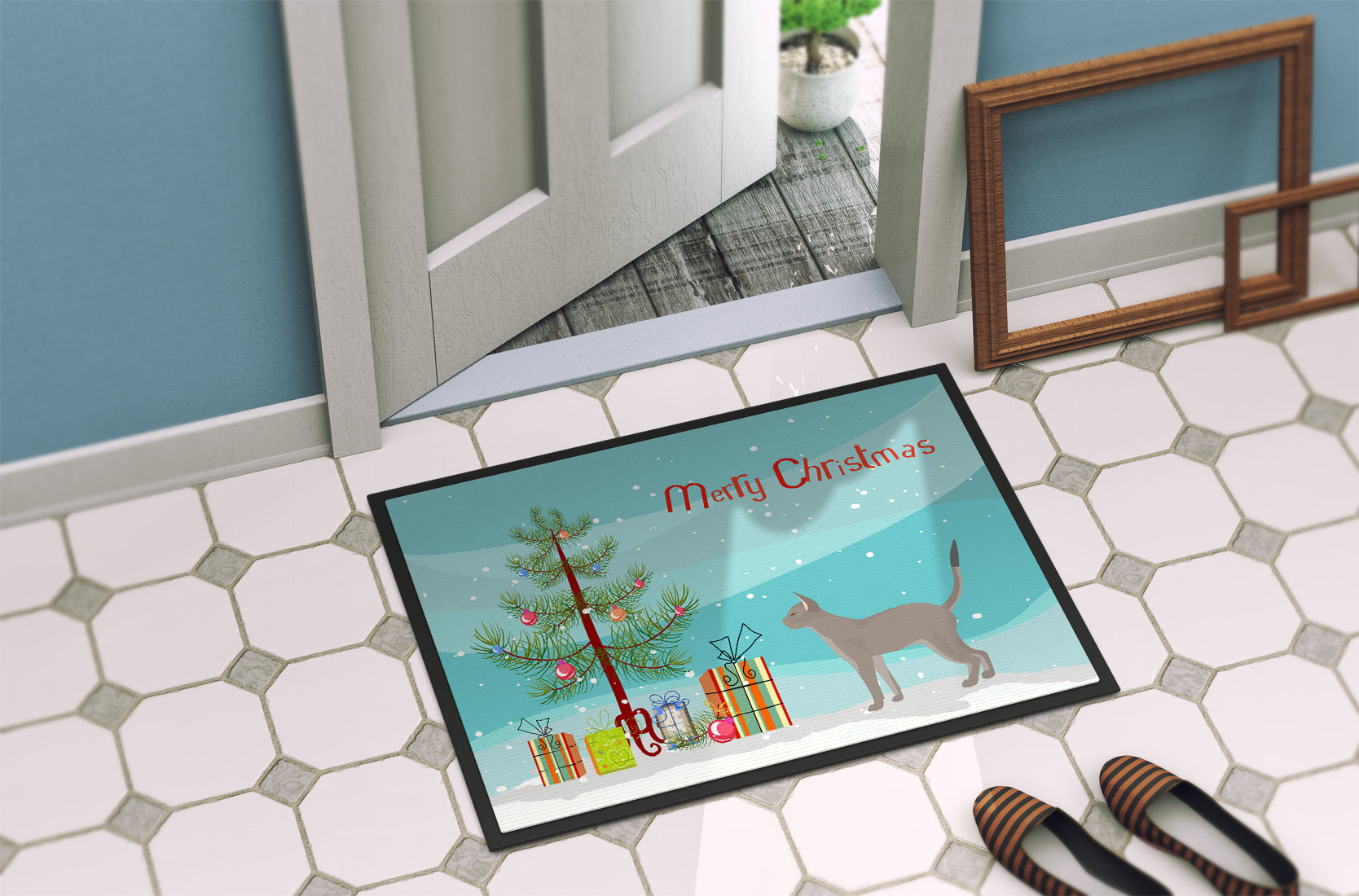 Blue Abyssinian Cat Christmas Doormat Indoor Outdoor 24H X 36W Front Door Mat Rugs for Entryway, Non Slip Washable Low Pile,