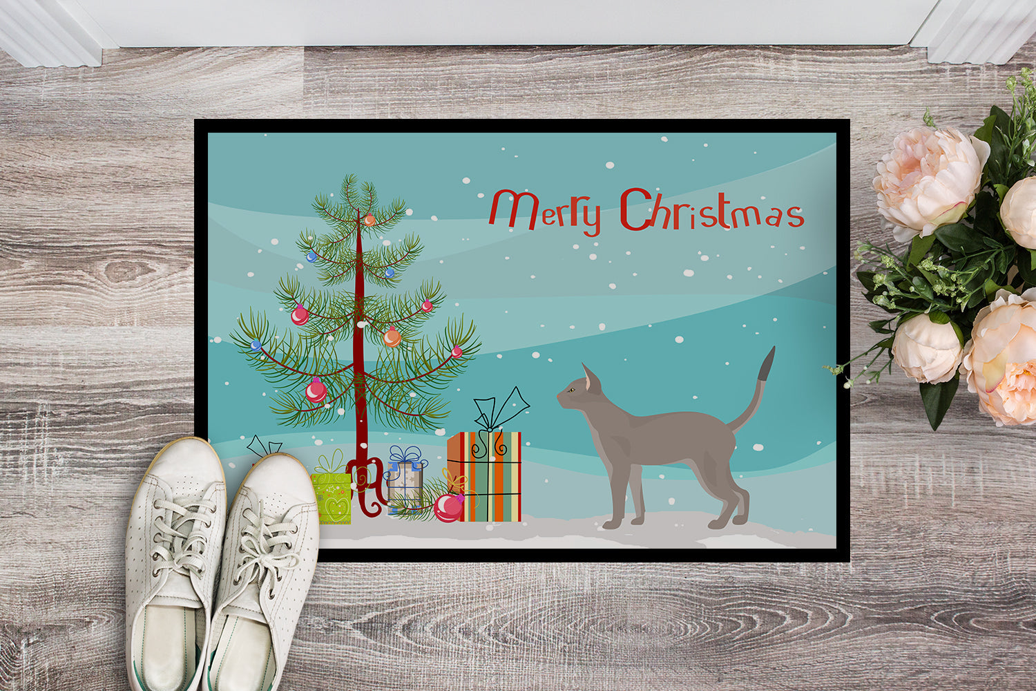 Blue Abyssinian Cat Christmas Doormat Indoor Outdoor 18H X 27W Front Door Mat Rugs for Entryway, Non Slip Washable