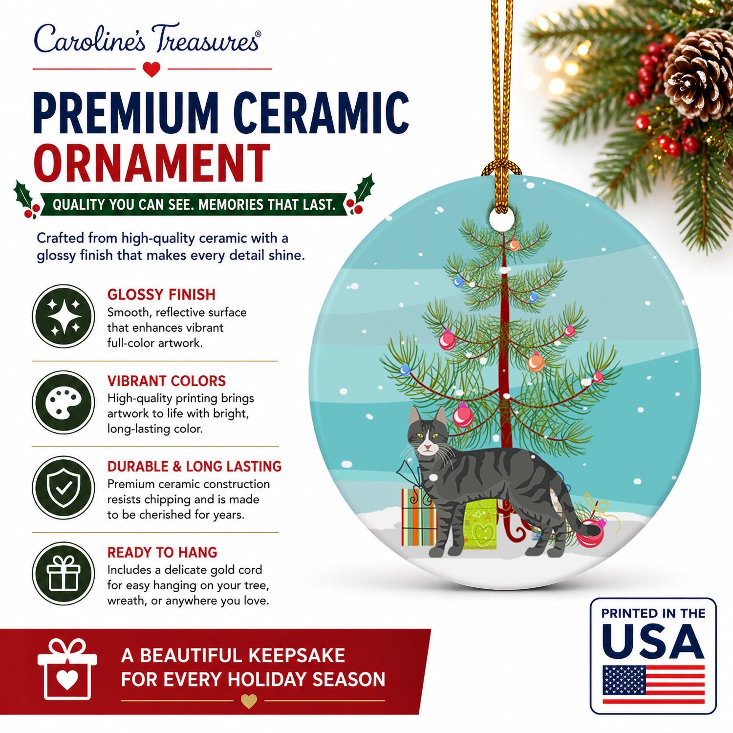 Tricolour Aegean Cat Christmas Ceramic Ornament Christmas Tree Hanging Decorations for Home Christmas Holiday, Party, Gift, 3 in, Multicolor