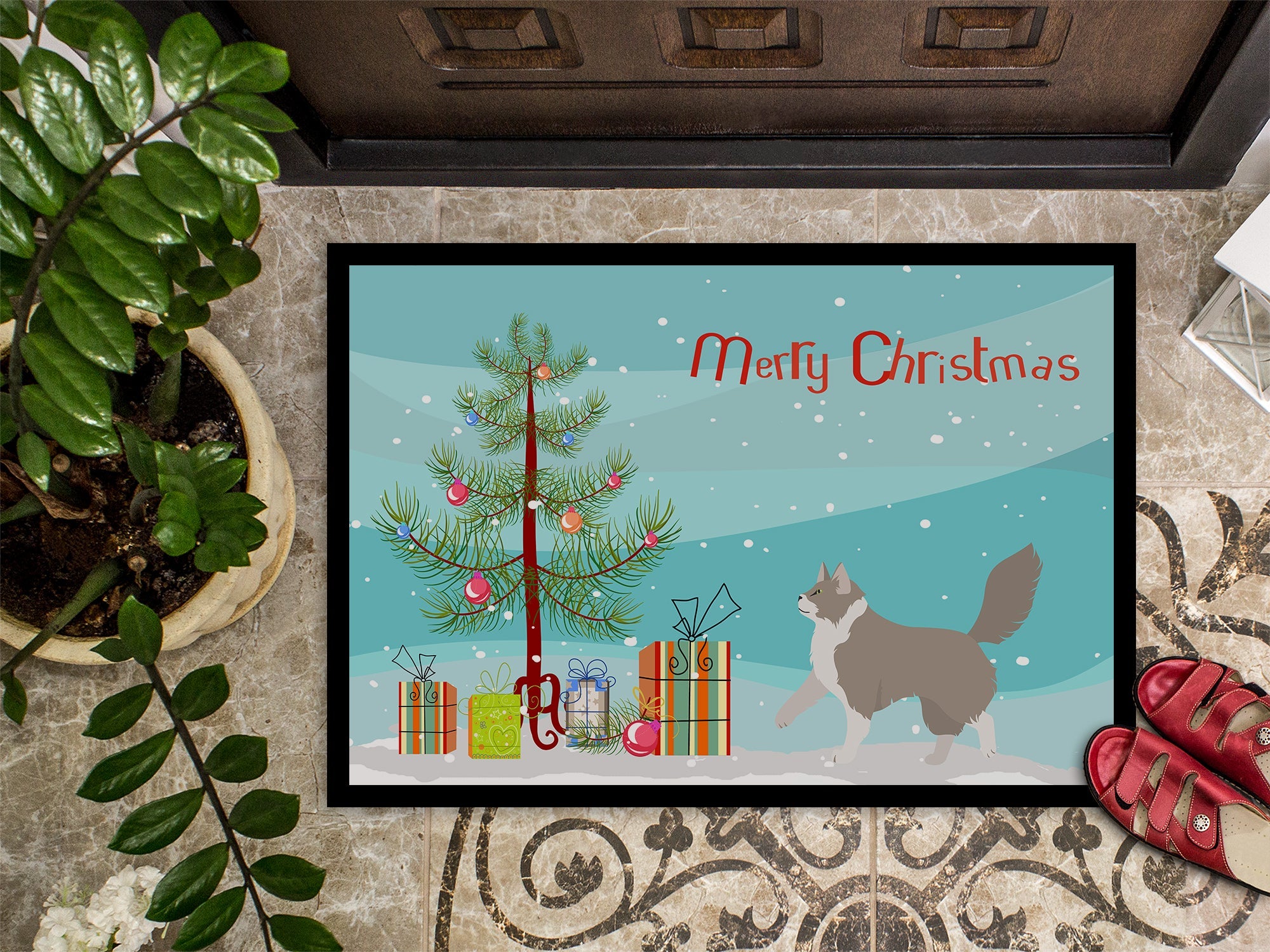 Asian Semi Longhaired Cat Christmas Doormat Indoor Outdoor 18H X 27W Front Door Mat Rugs for Entryway, Non Slip Washable
