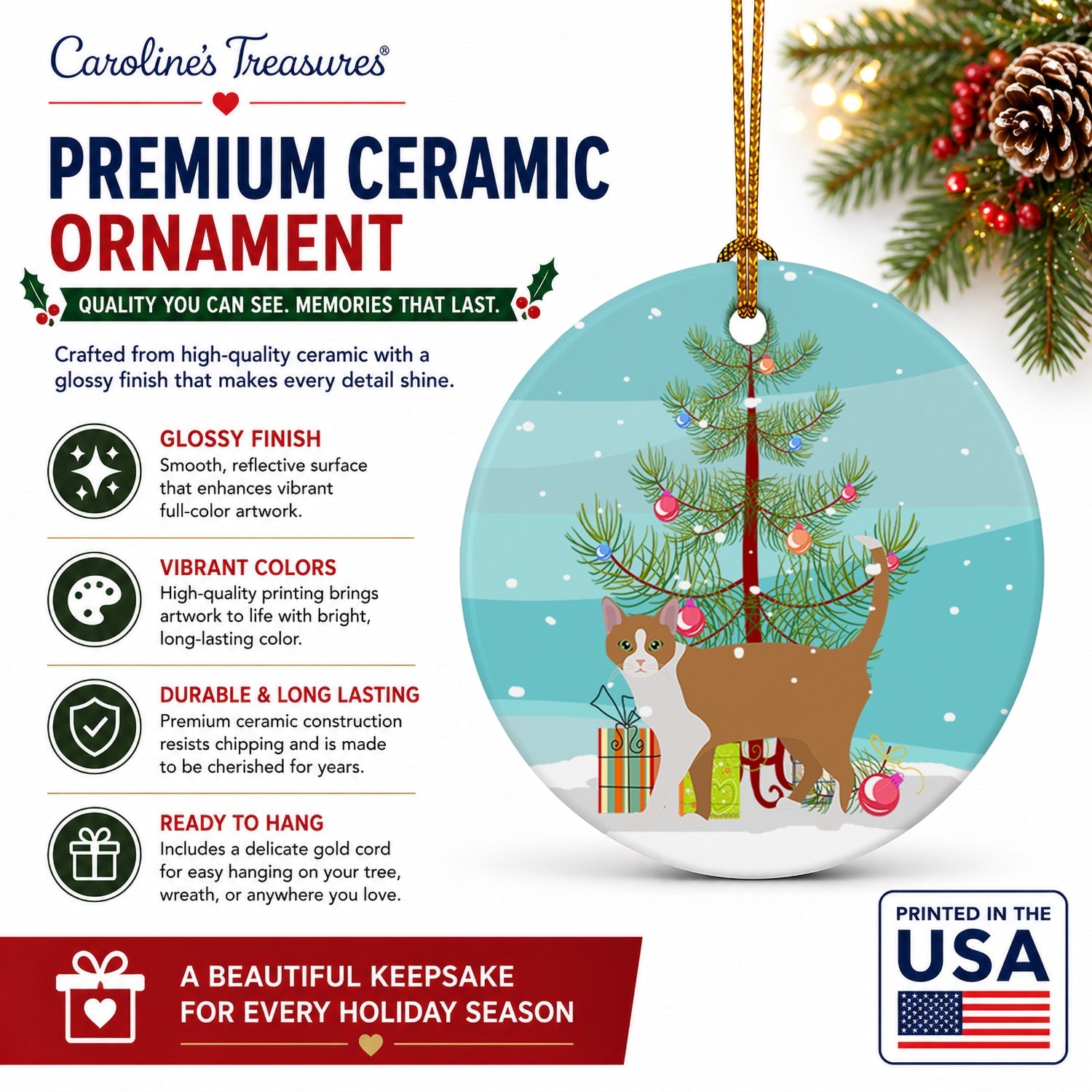 Brazilian Shorthair Cat Christmas Ceramic Ornament Christmas Tree Hanging Decorations for Home Christmas Holiday, Party, Gift, 3 in, Multicolor