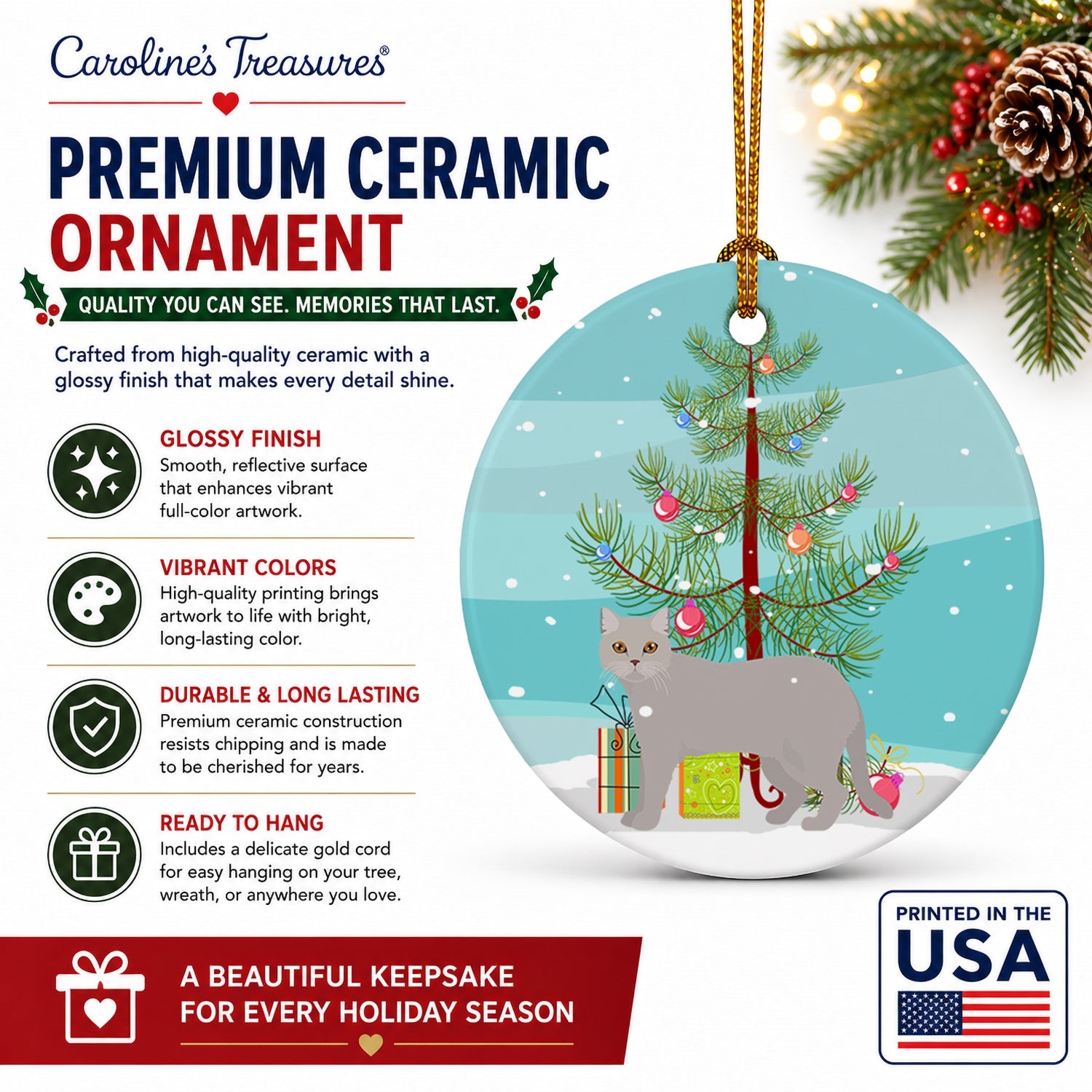 British Semi Longhair Cat Christmas Ceramic Ornament Christmas Tree Hanging Decorations for Home Christmas Holiday, Party, Gift, 3 in, Multicolor