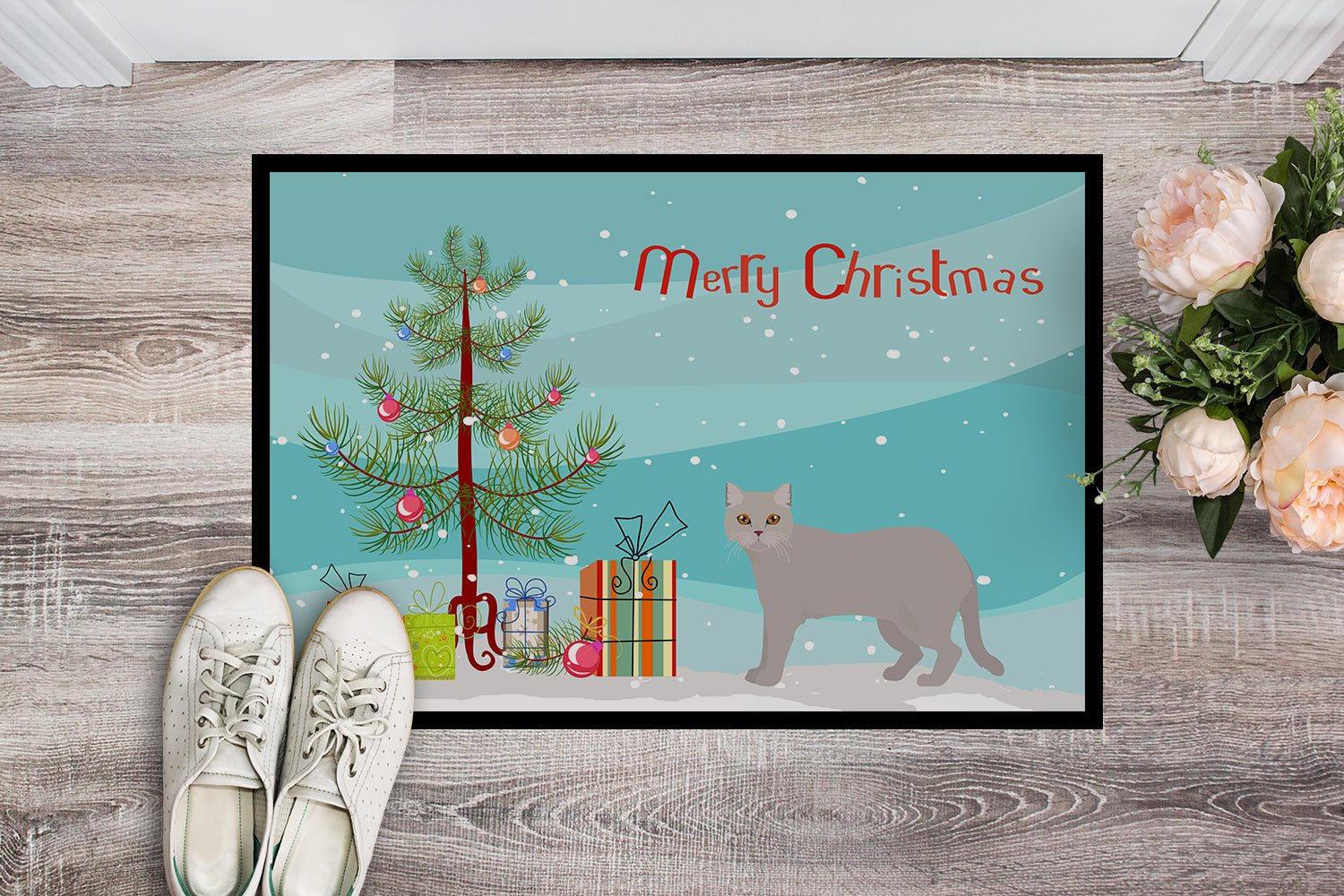 British Semi Longhair Cat Christmas Doormat Indoor Outdoor 24H X 36W Front Door Mat Rugs for Entryway, Non Slip Washable Low Pile,