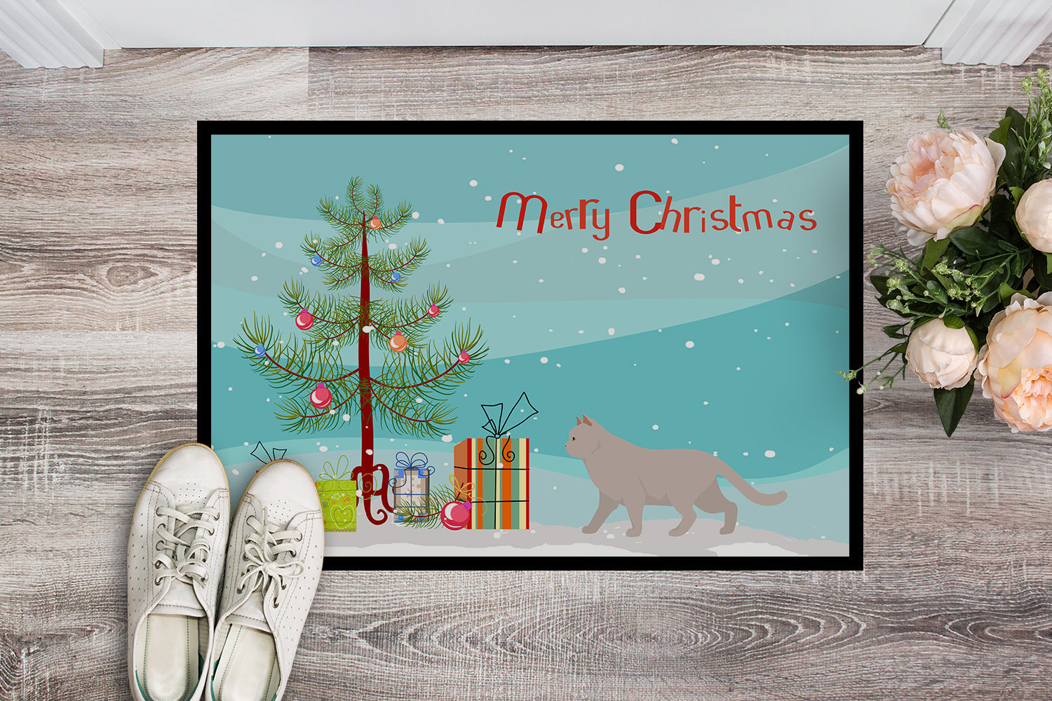 British Shorthair Cat Christmas Doormat Indoor Outdoor 18H X 27W Front Door Mat Rugs for Entryway, Non Slip Washable