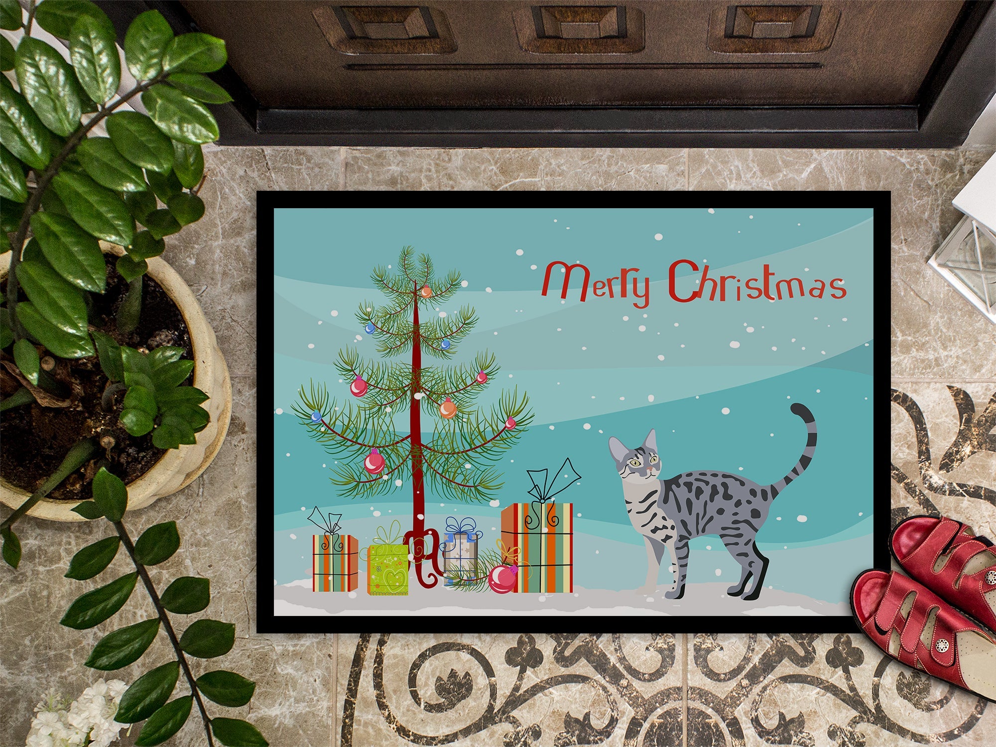 California Spangled Cat Christmas Doormat Indoor Outdoor 24H X 36W Front Door Mat Rugs for Entryway, Non Slip Washable Low Pile,