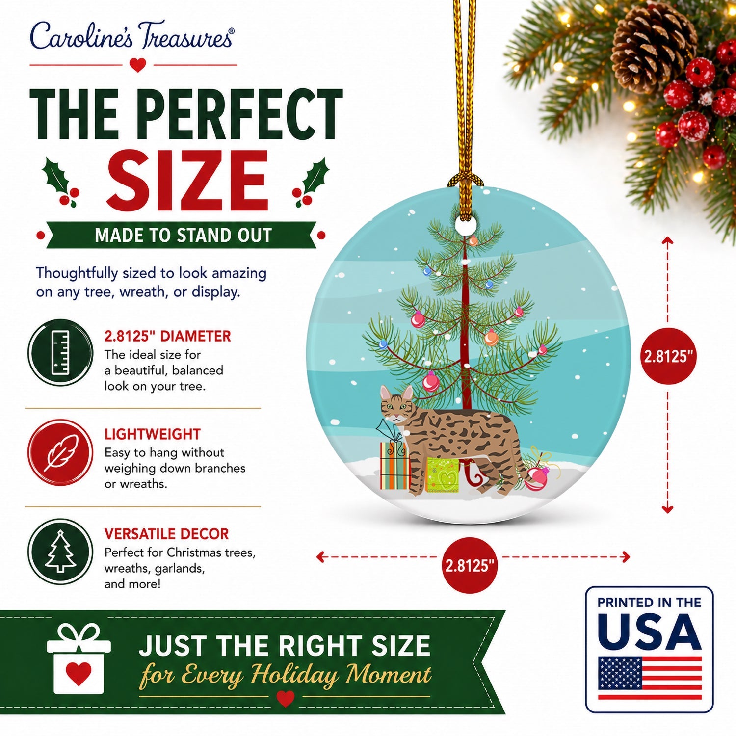 California Spangled Cat Christmas Ceramic Ornament Christmas Tree Hanging Decorations for Home Christmas Holiday, Party, Gift, 3 in, Multicolor
