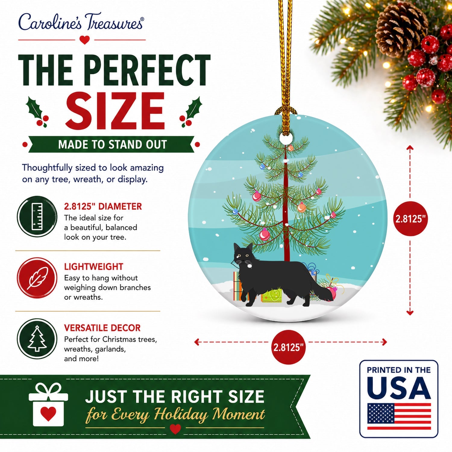 Black Chantilly Tiffany Cat Christmas Ceramic Ornament Christmas Tree Hanging Decorations for Home Christmas Holiday, Party, Gift, 3 in, Multicolor
