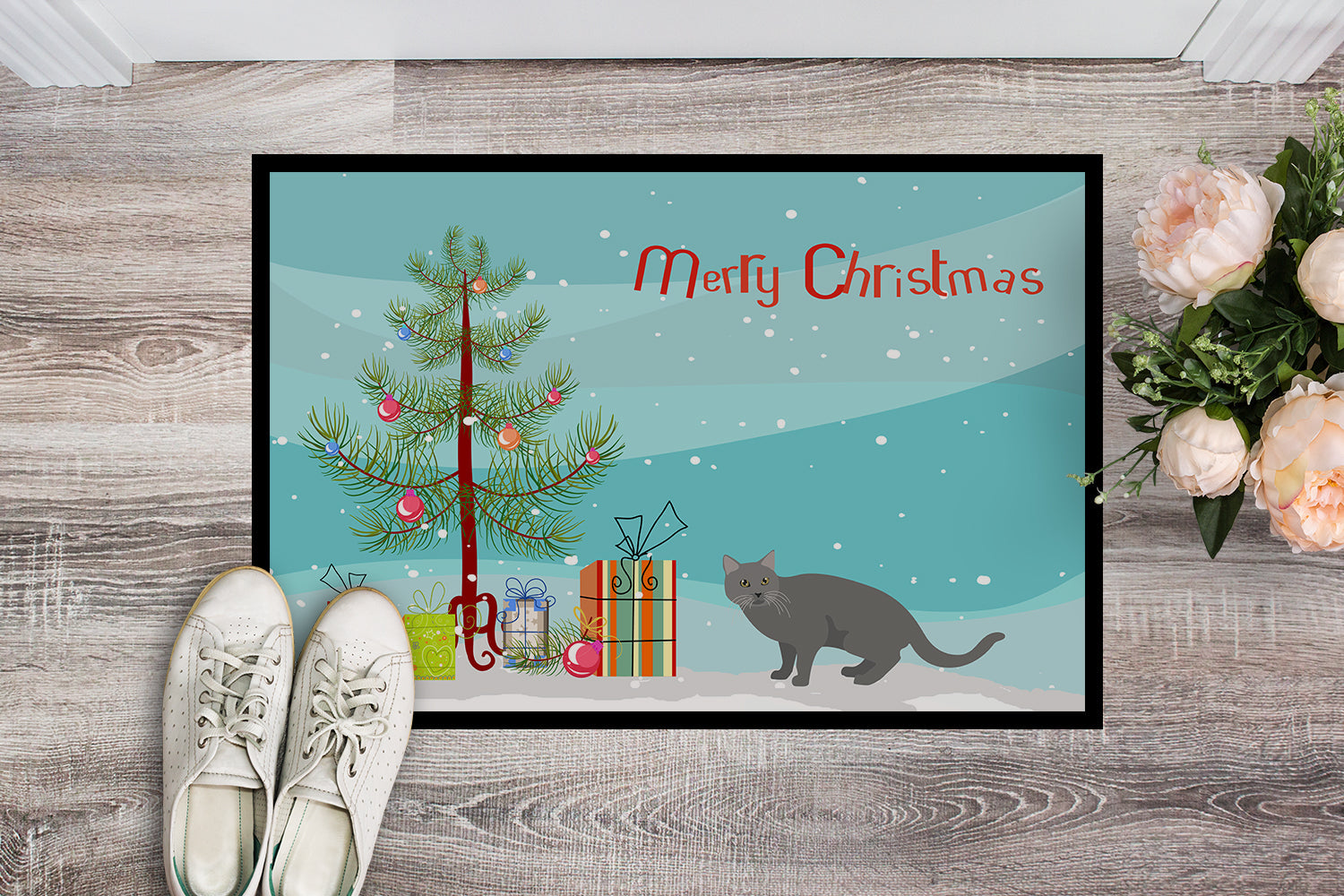 Chartreux Cat Christmas Doormat Indoor Outdoor 18H X 27W Front Door Mat Rugs for Entryway, Non Slip Washable