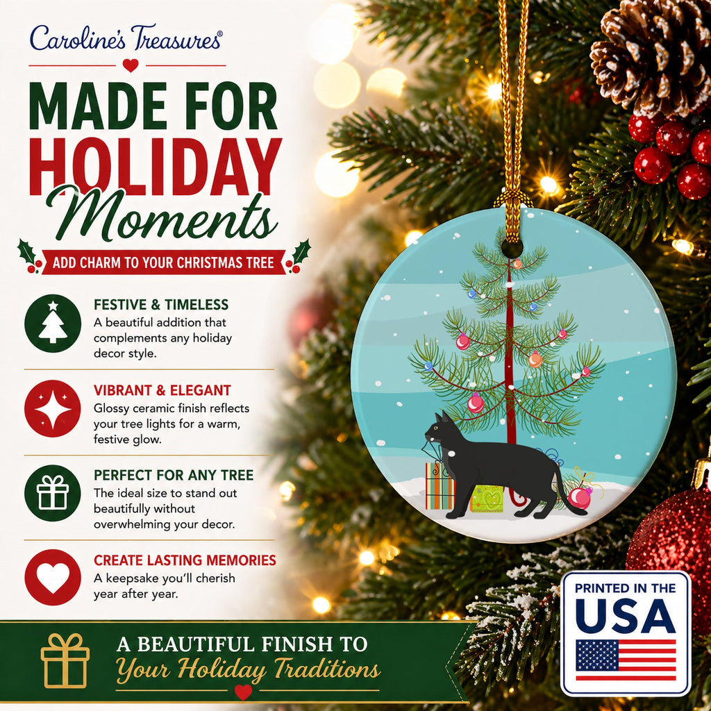 Chausie Black Cat Christmas Ceramic Ornament Christmas Tree Hanging Decorations for Home Christmas Holiday, Party, Gift, 3 in, Multicolor