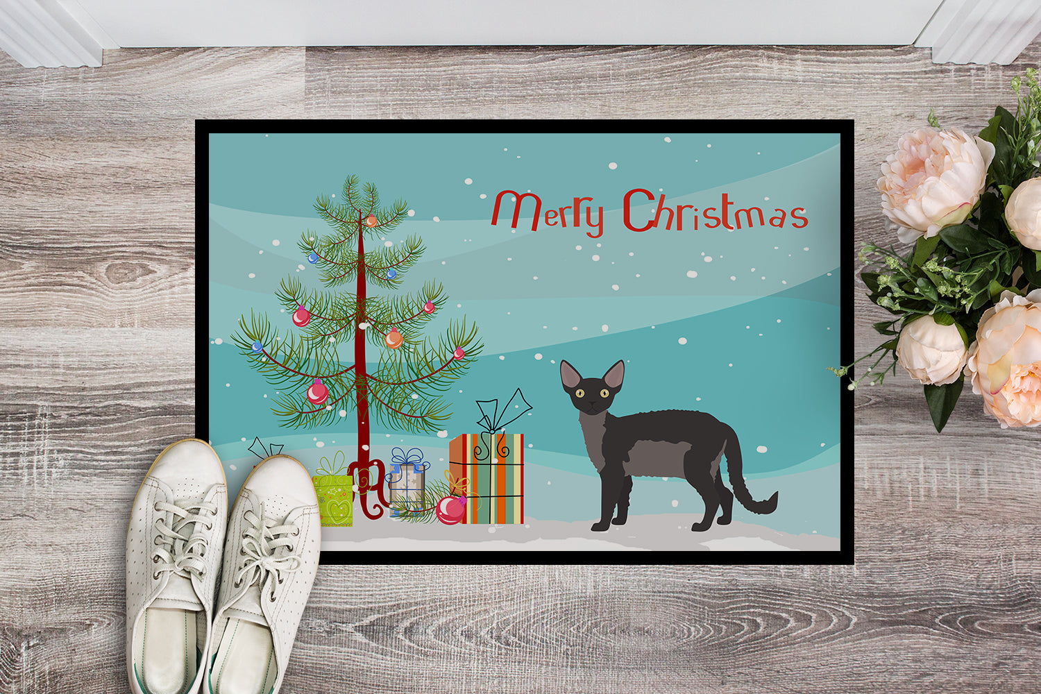 Devon Rex Cat Christmas Doormat Indoor Outdoor 18H X 27W Front Door Mat Rugs for Entryway, Non Slip Washable