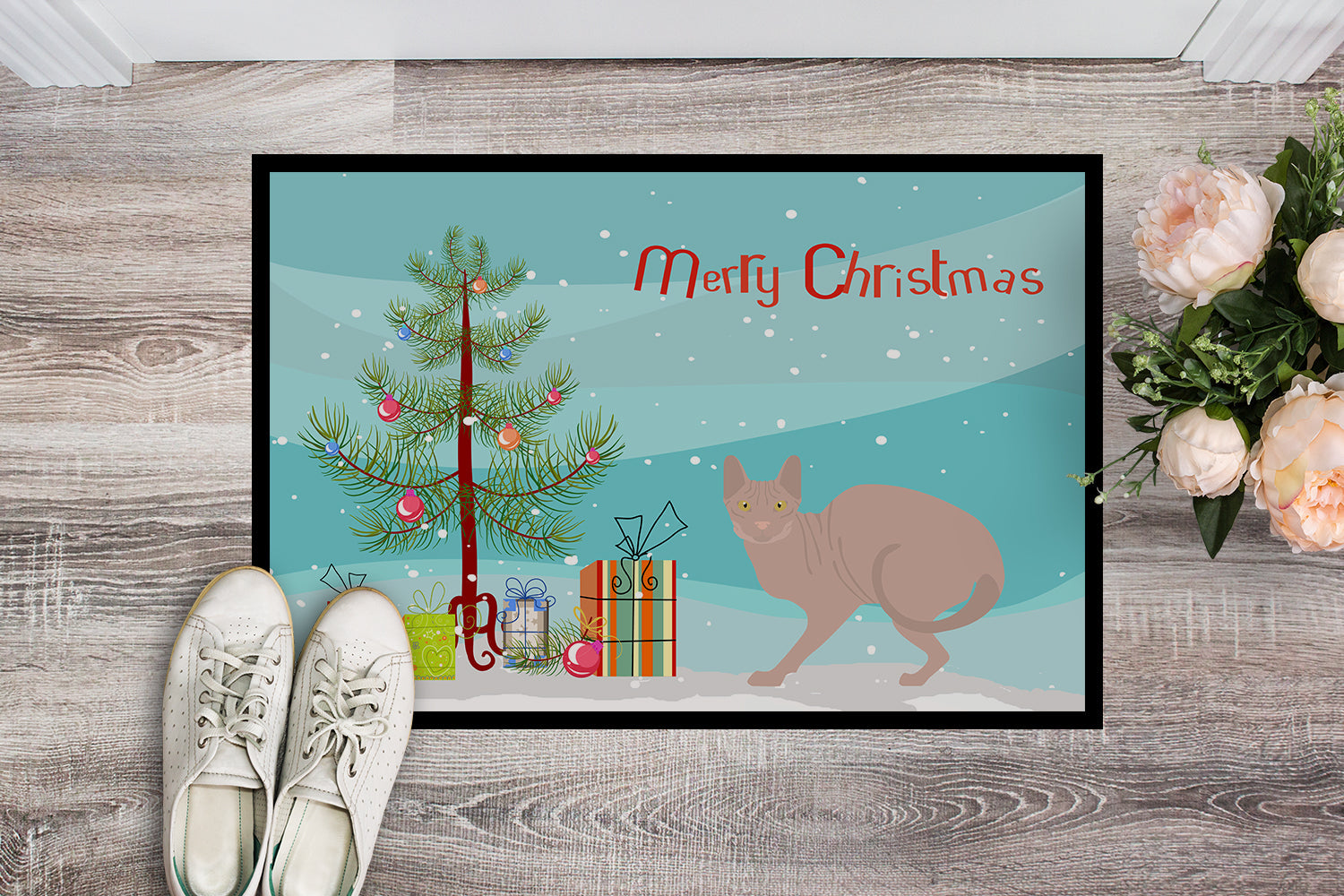 Don Sphynx Cat Christmas Doormat Indoor Outdoor 18H X 27W Front Door Mat Rugs for Entryway, Non Slip Washable