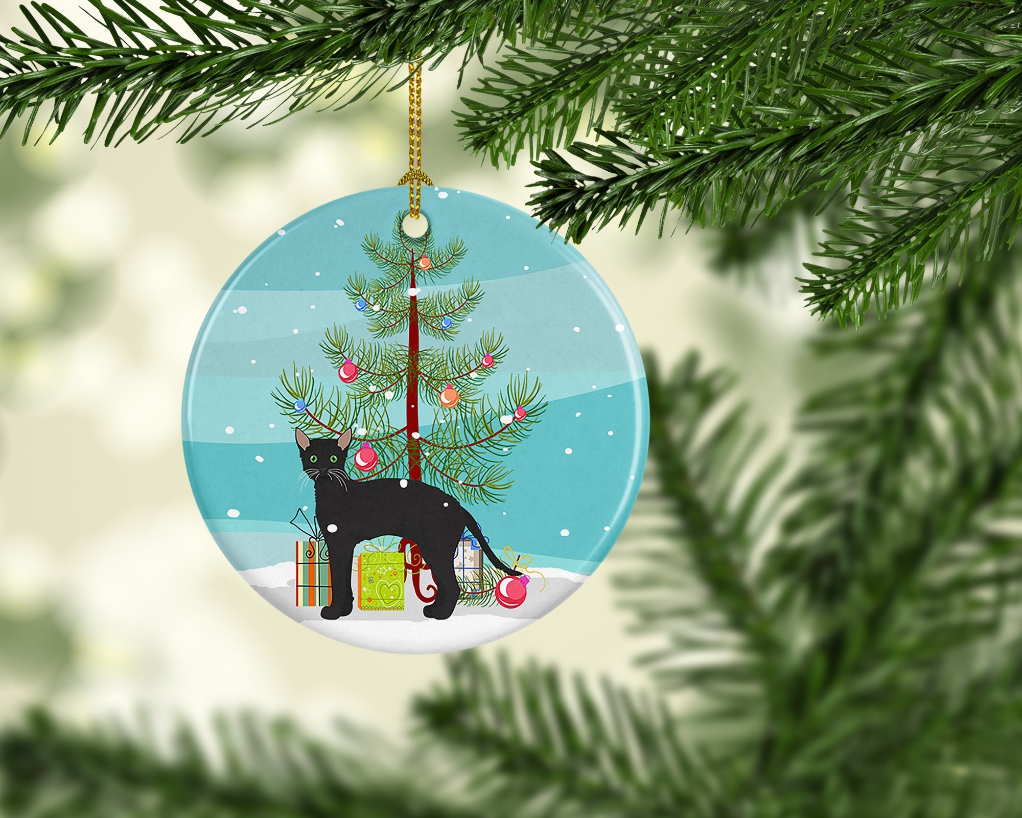Black German Rex Cat Christmas Ceramic Ornament Christmas Tree Hanging Decorations for Home Christmas Holiday, Party, Gift, 3 in, Multicolor