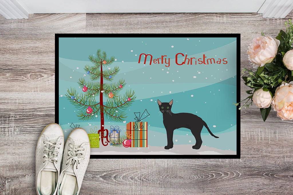 Black German Rex Cat Christmas Doormat Indoor Outdoor 18H X 27W Front Door Mat Rugs for Entryway, Non Slip Washable