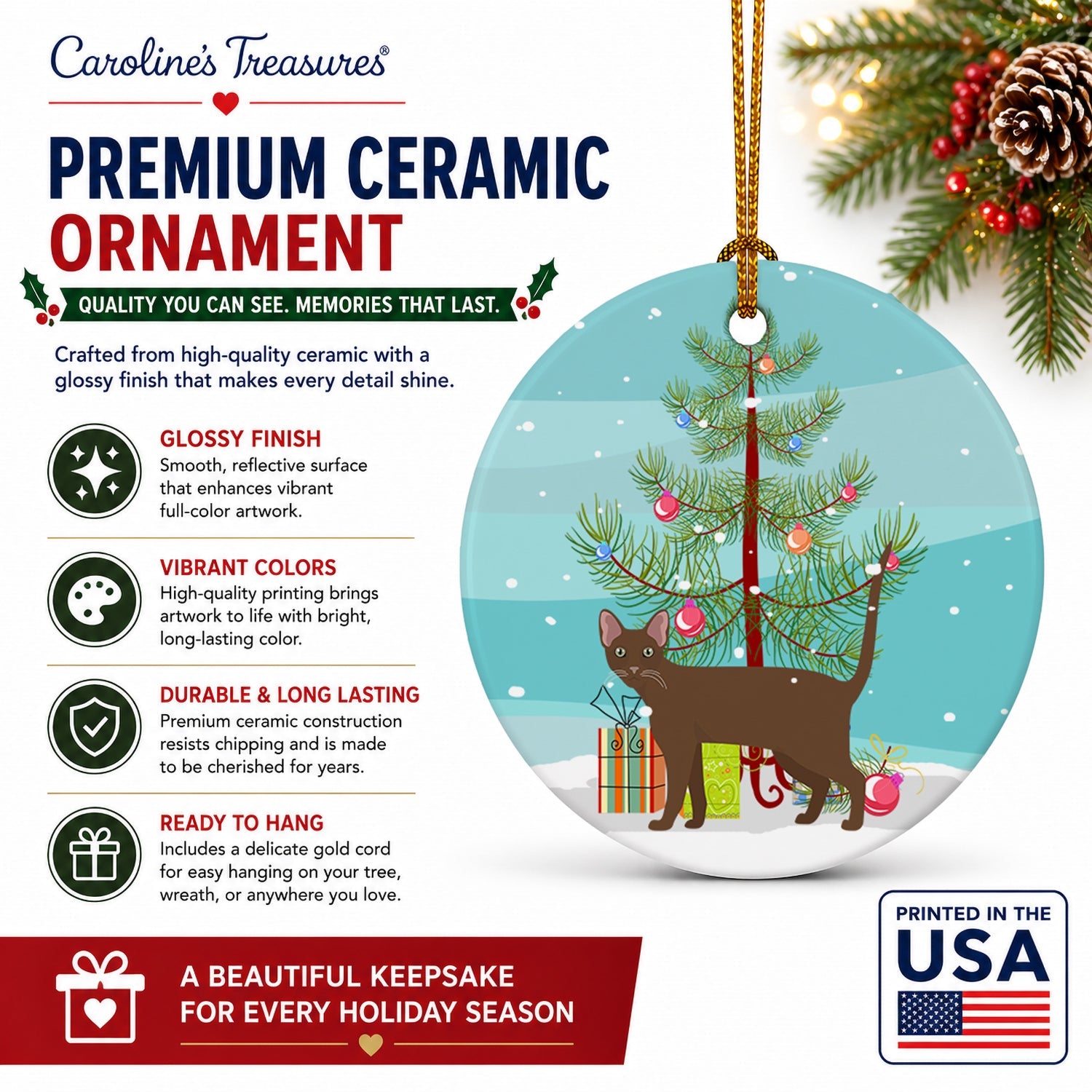 Havana Brown Cat Christmas Ceramic Ornament Christmas Tree Hanging Decorations for Home Christmas Holiday, Party, Gift, 3 in, Multicolor