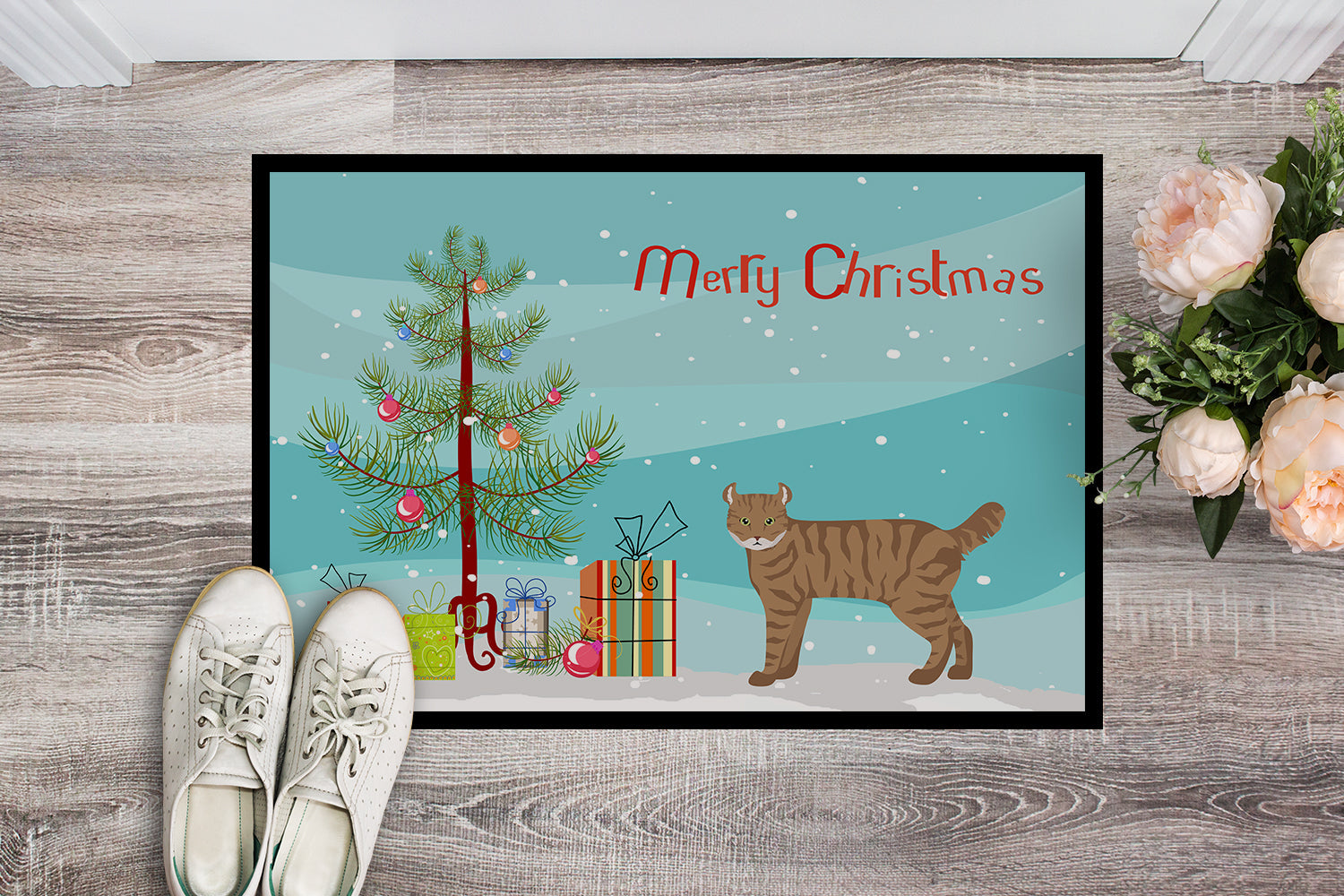 Highlander Lynx Cat Christmas Doormat Indoor Outdoor 18H X 27W Front Door Mat Rugs for Entryway, Non Slip Washable