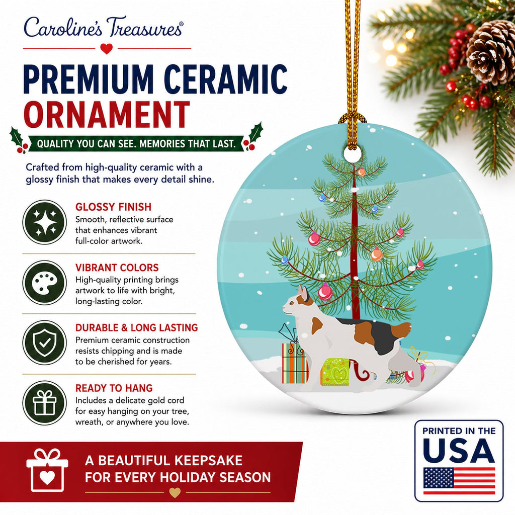 Korean Bobtail Cat Christmas Ceramic Ornament Christmas Tree Hanging Decorations for Home Christmas Holiday, Party, Gift, 3 in, Multicolor