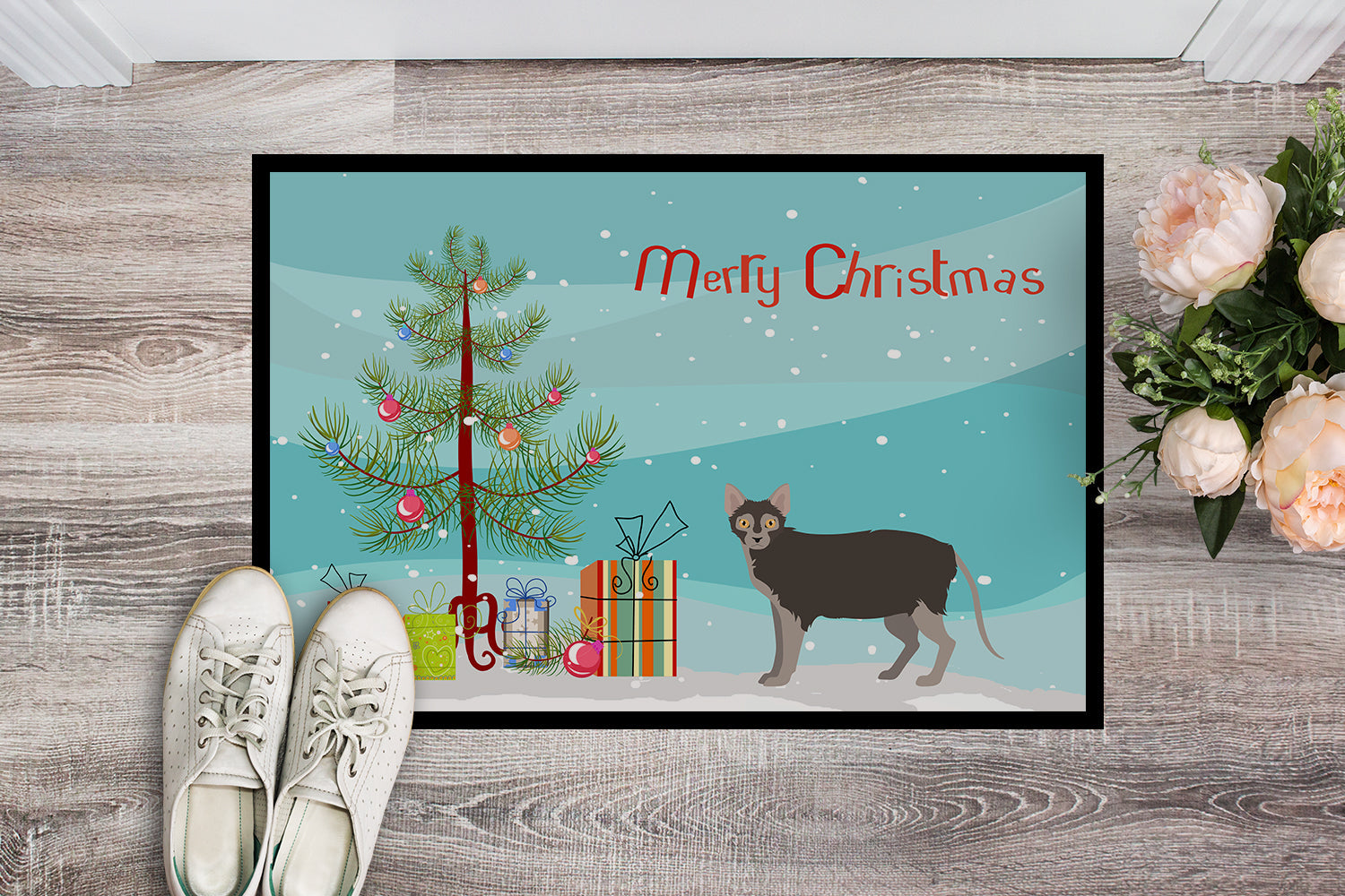 Lykoi Cat Merry Christmas Doormat Indoor Outdoor 24H X 36W Front Door Mat Rugs for Entryway, Non Slip Washable Low Pile,