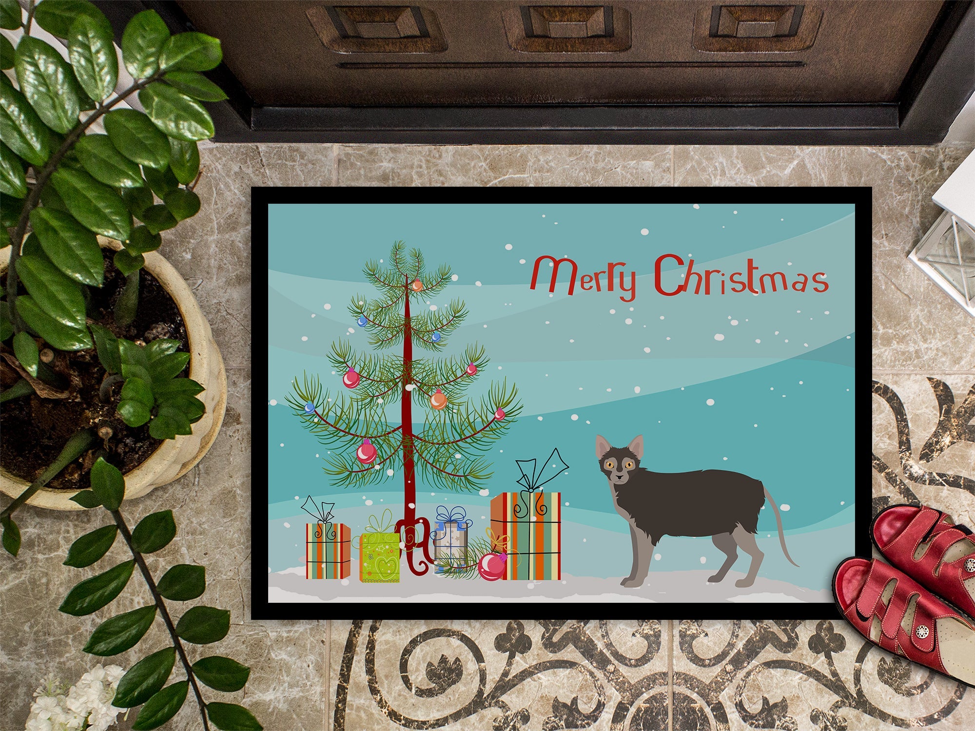 Lykoi Cat Merry Christmas Doormat Indoor Outdoor 24H X 36W Front Door Mat Rugs for Entryway, Non Slip Washable Low Pile,