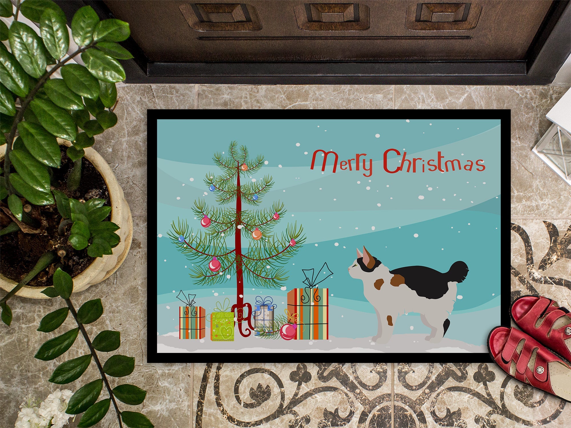 Manx Cat Christmas Doormat Indoor Outdoor 18H X 27W Front Door Mat Rugs for Entryway, Non Slip Washable