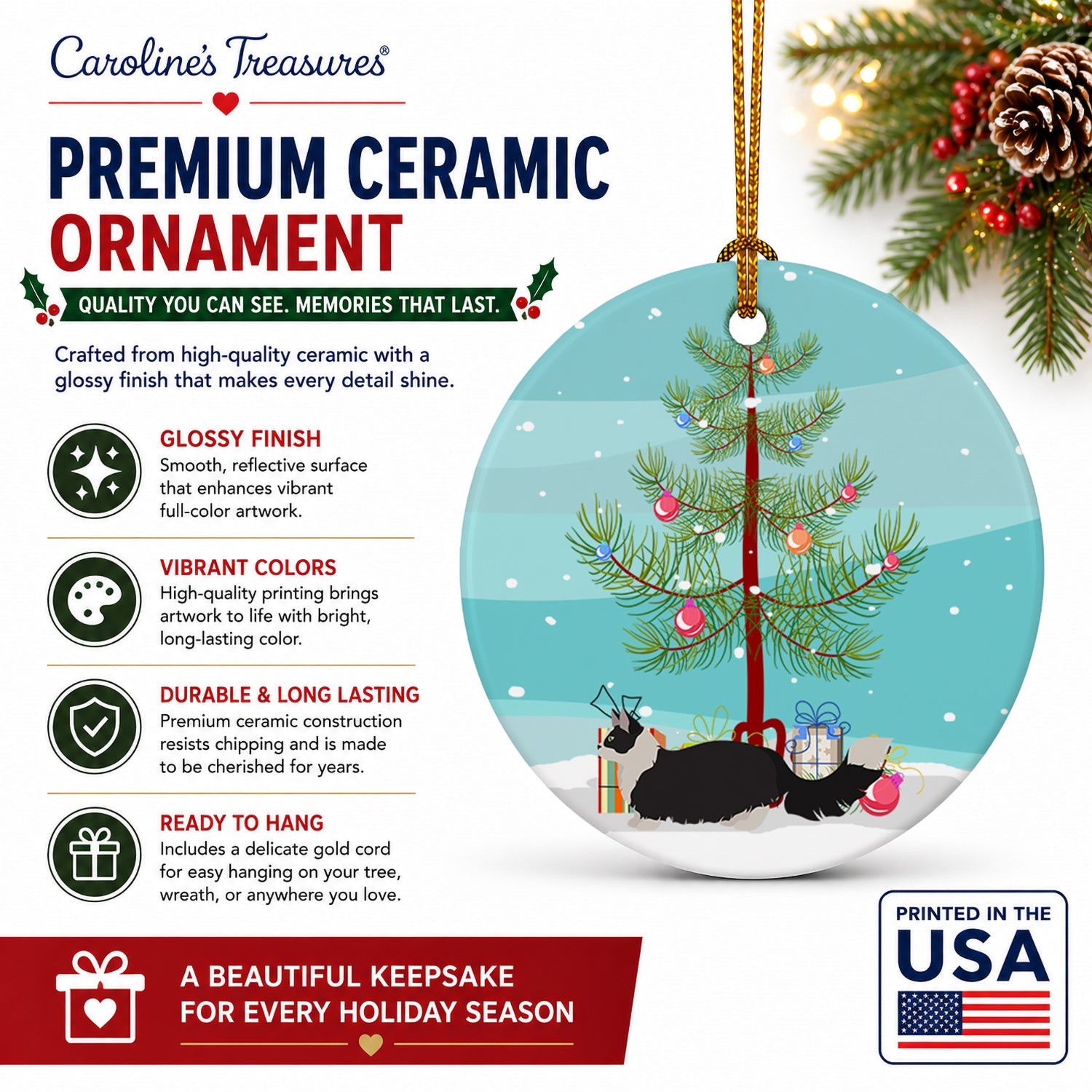 Napoleon Cat Christmas Ceramic Ornament Christmas Tree Hanging Decorations for Home Christmas Holiday, Party, Gift, 3 in, Multicolor