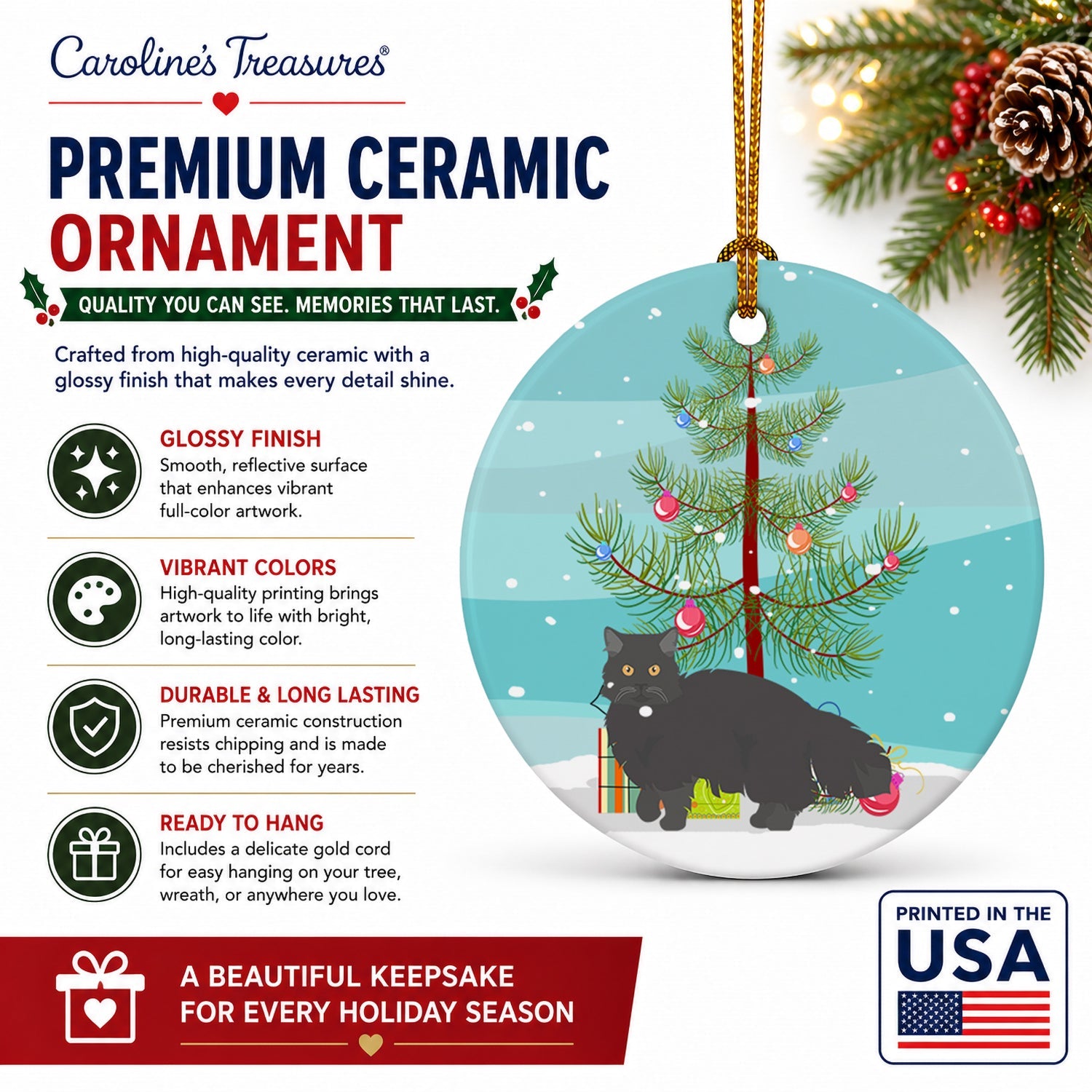 Black Persian Traditional Cat Christmas Ceramic Ornament Christmas Tree Hanging Decorations for Home Christmas Holiday, Party, Gift, 3 in, Multicolor
