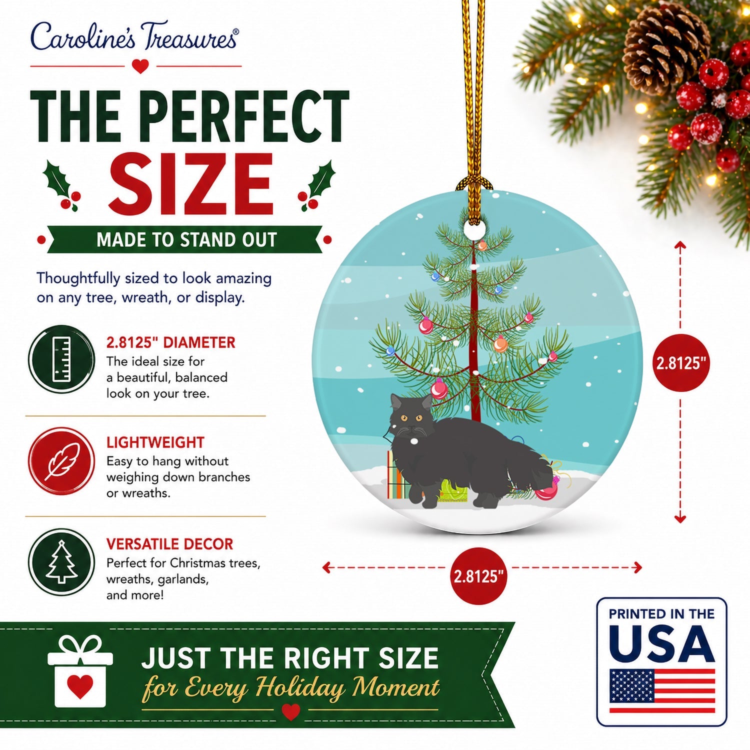 Black Persian Traditional Cat Christmas Ceramic Ornament Christmas Tree Hanging Decorations for Home Christmas Holiday, Party, Gift, 3 in, Multicolor