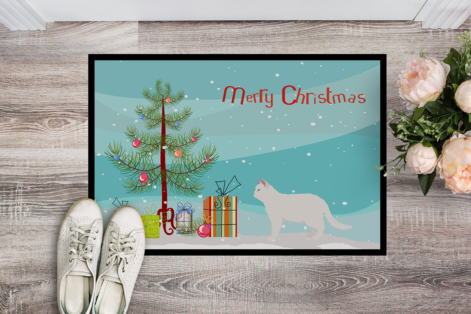 Poodle Cat Cat Christmas Doormat Indoor Outdoor 18H X 27W Front Door Mat Rugs for Entryway, Non Slip Washable