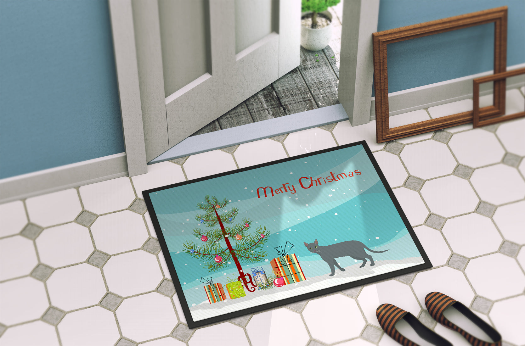 Raas Cat Christmas Doormat Indoor Outdoor 24H X 36W Front Door Mat Rugs for Entryway, Non Slip Washable Low Pile,