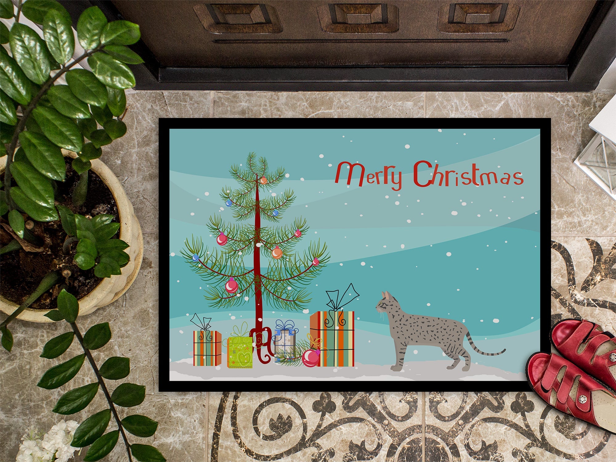 Safari Cat Christmas Doormat Indoor Outdoor 24H X 36W Front Door Mat Rugs for Entryway, Non Slip Washable Low Pile,