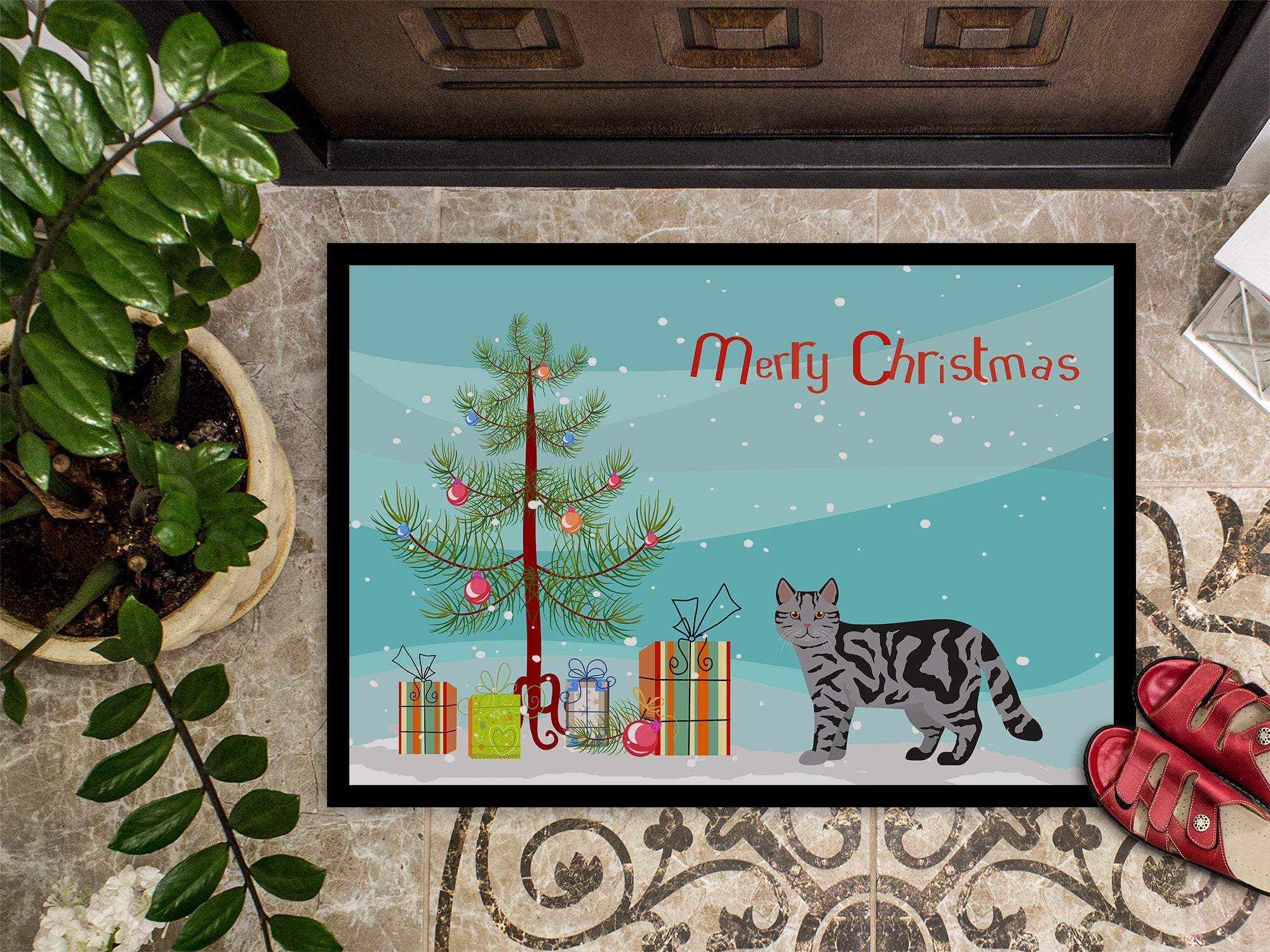 Scottish Straight Cat Christmas Doormat Indoor Outdoor 24H X 36W Front Door Mat Rugs for Entryway, Non Slip Washable Low Pile,