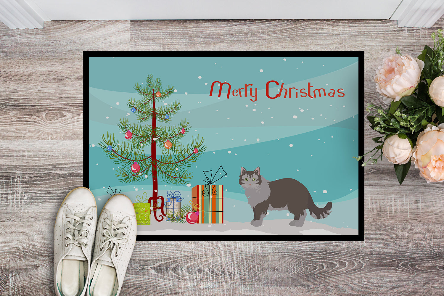 Siberian Forest Cat Christmas Doormat Indoor Outdoor 18H X 27W Front Door Mat Rugs for Entryway, Non Slip Washable