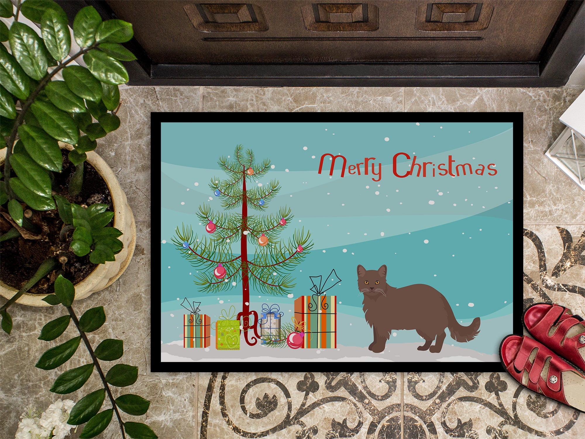 York Chocolate Cat Christmas Doormat Indoor Outdoor 24H X 36W Front Door Mat Rugs for Entryway, Non Slip Washable Low Pile,