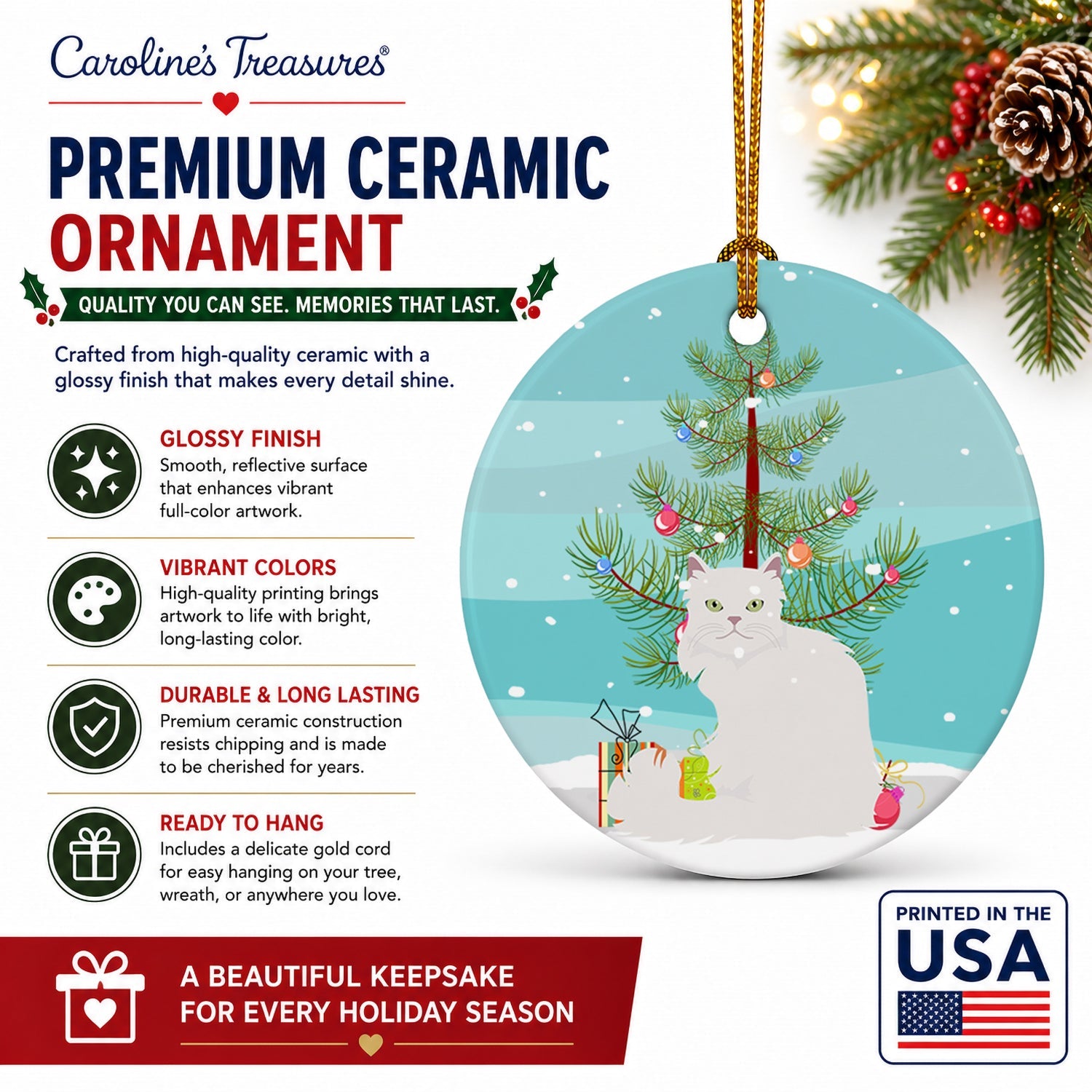 Asian Semi Longhaired Cat Christmas Ceramic Ornament Christmas Tree Hanging Decorations for Home Christmas Holiday, Party, Gift, 3 in, Multicolor