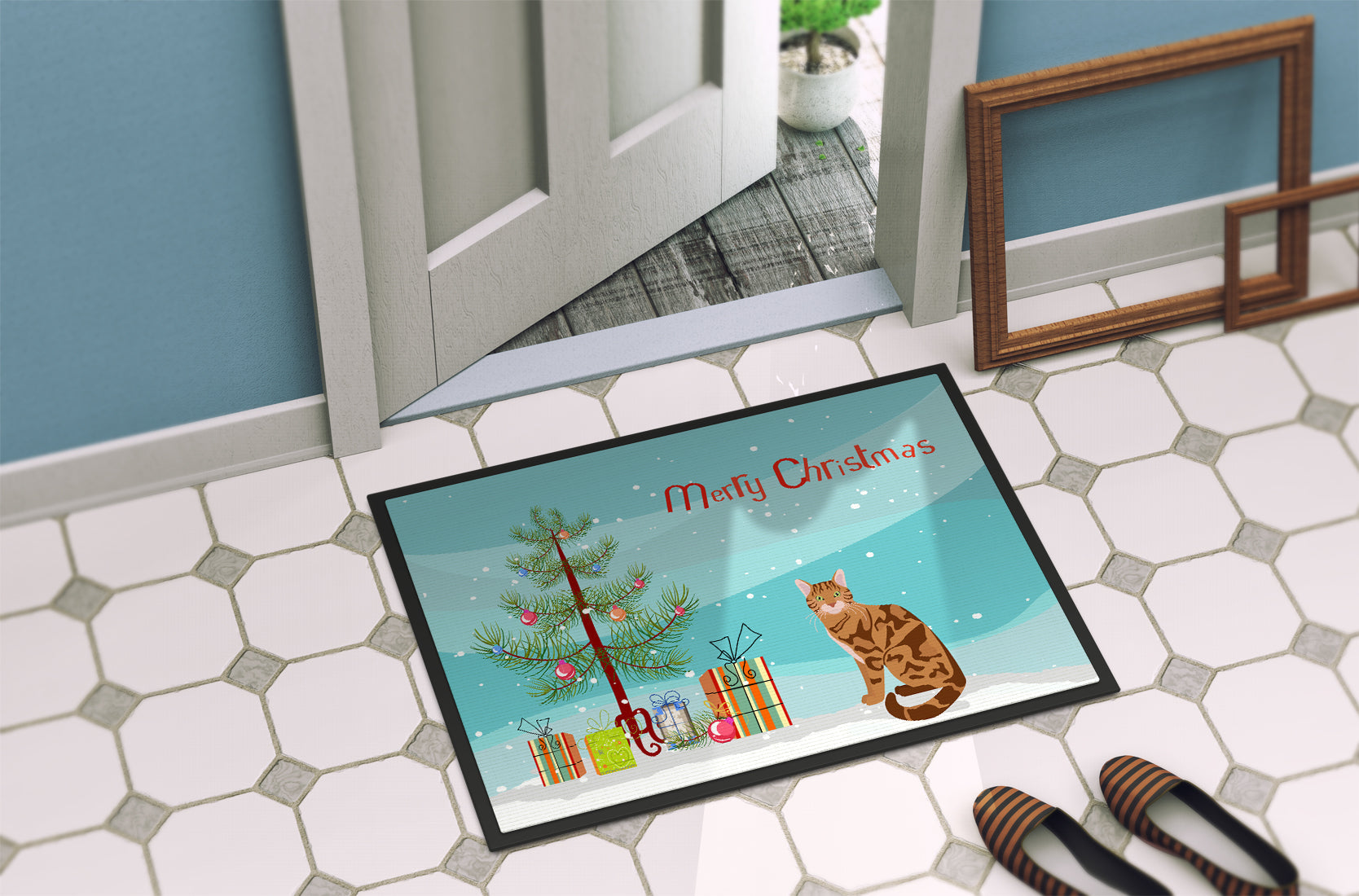 Bengal Cat Christmas Doormat Indoor Outdoor 24H X 36W Front Door Mat Rugs for Entryway, Non Slip Washable Low Pile,