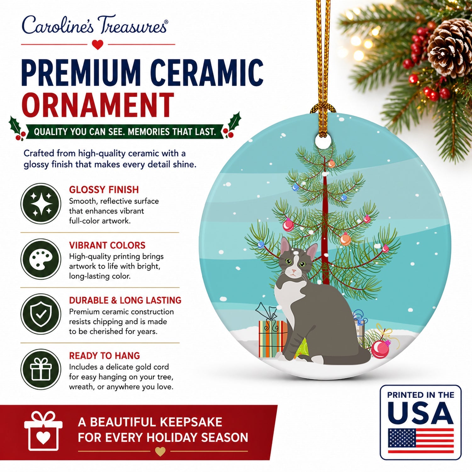 Brazilian Shorthair Cat Christmas Ceramic Ornament Christmas Tree Hanging Decorations for Home Christmas Holiday, Party, Gift, 3 in, Multicolor