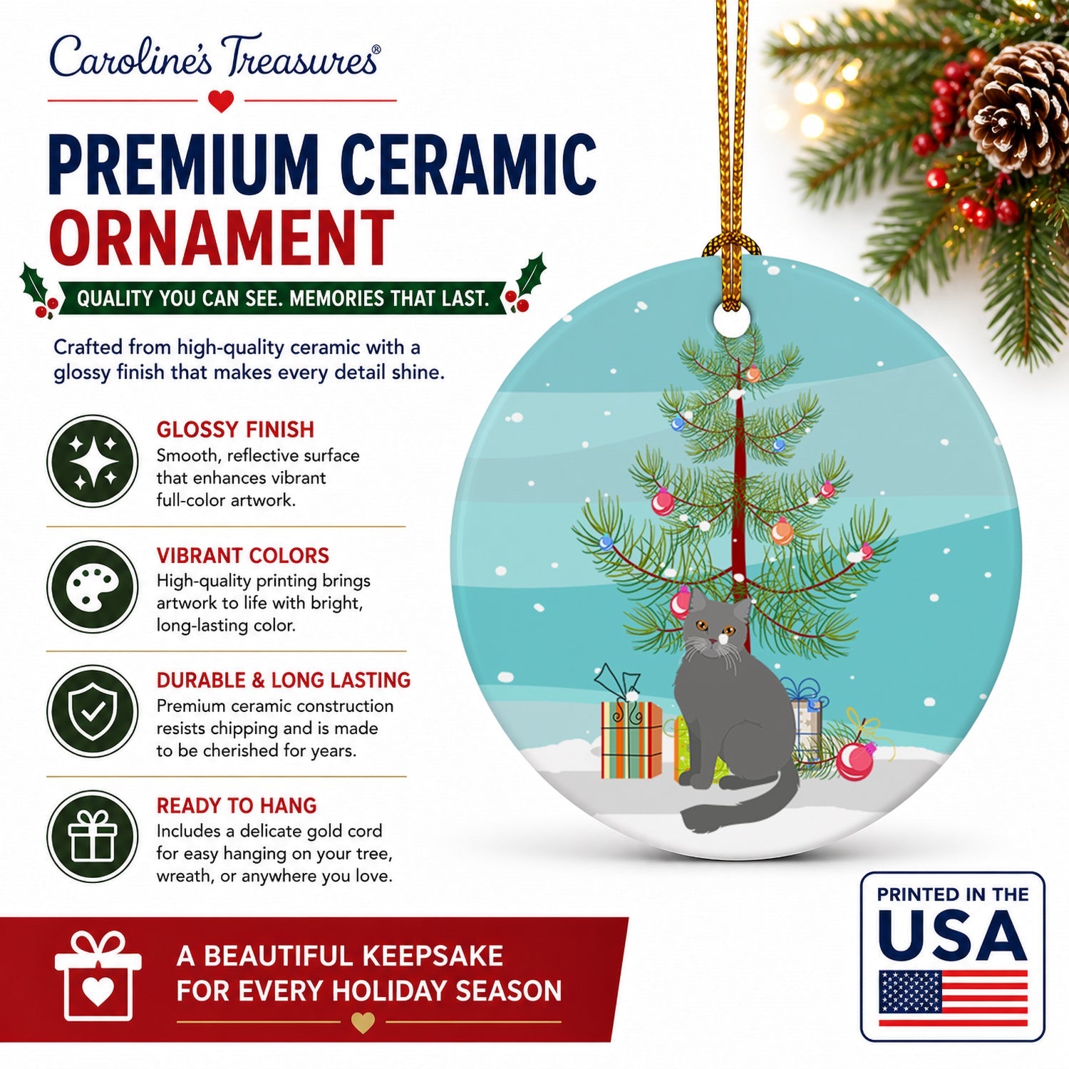 British Semi Longhair Cat Christmas Ceramic Ornament Christmas Tree Hanging Decorations for Home Christmas Holiday, Party, Gift, 3 in, Multicolor