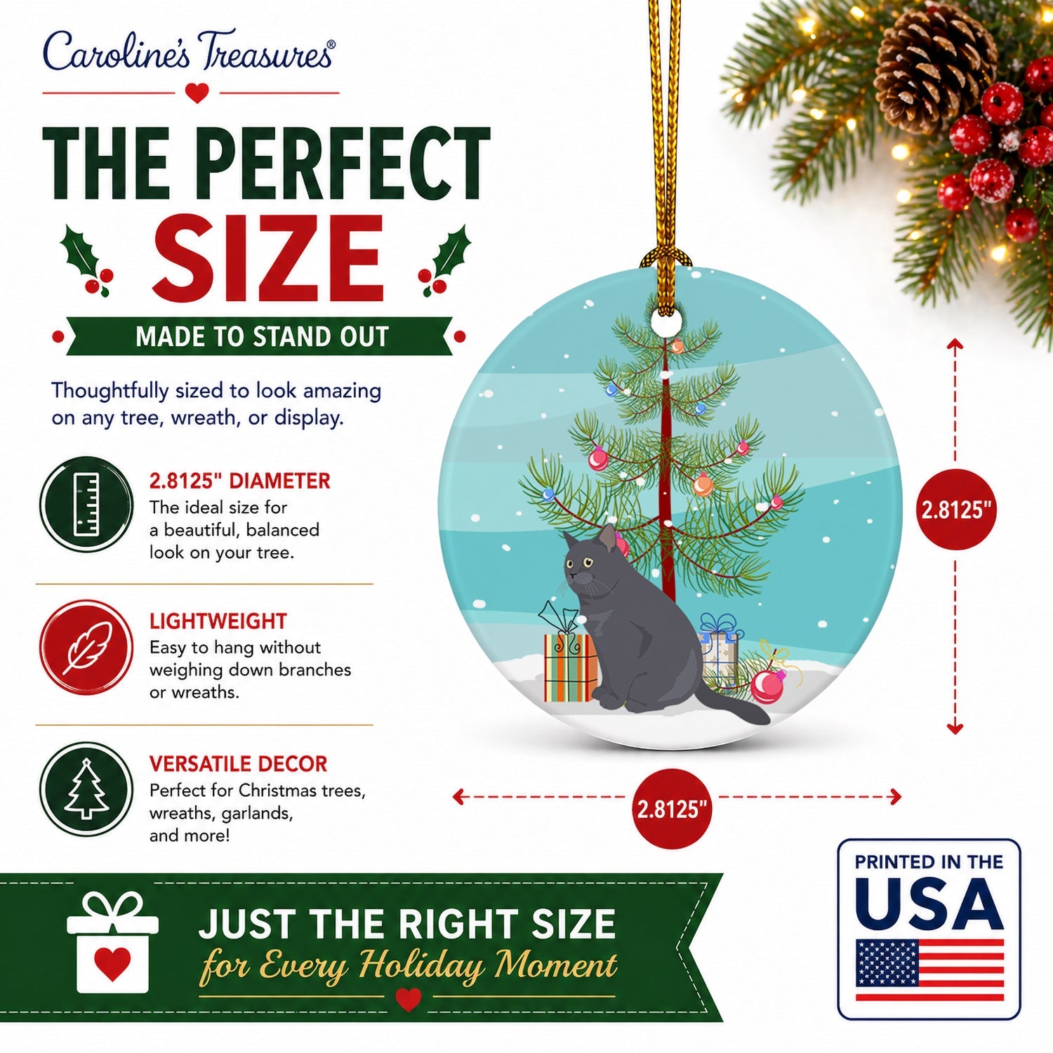 British Shorthair Cat Christmas Ceramic Ornament Christmas Tree Hanging Decorations for Home Christmas Holiday, Party, Gift, 3 in, Multicolor