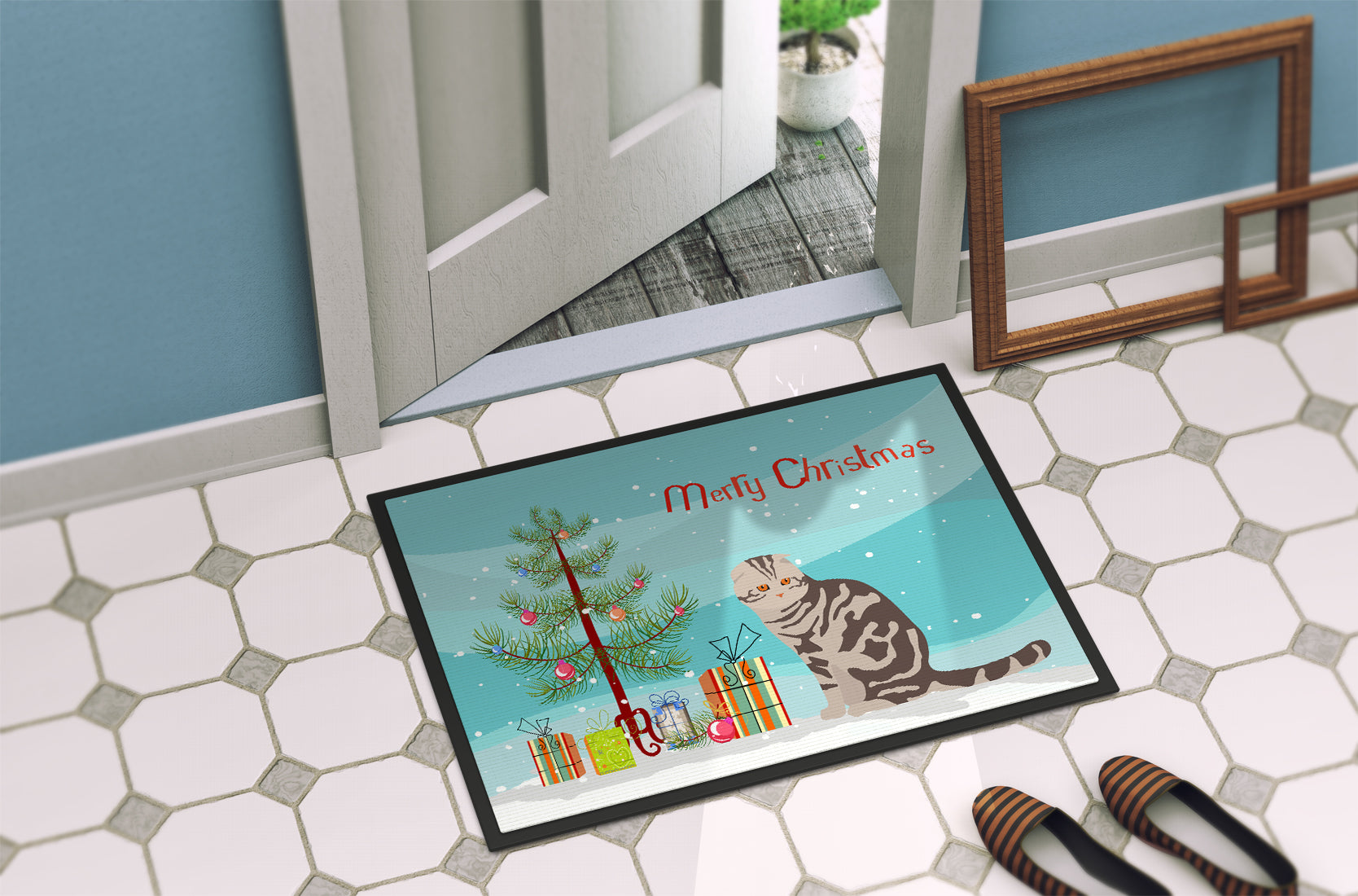 Foldex Exotic Fold Cat Christmas Doormat Indoor Outdoor 18H X 27W Front Door Mat Rugs for Entryway, Non Slip Washable