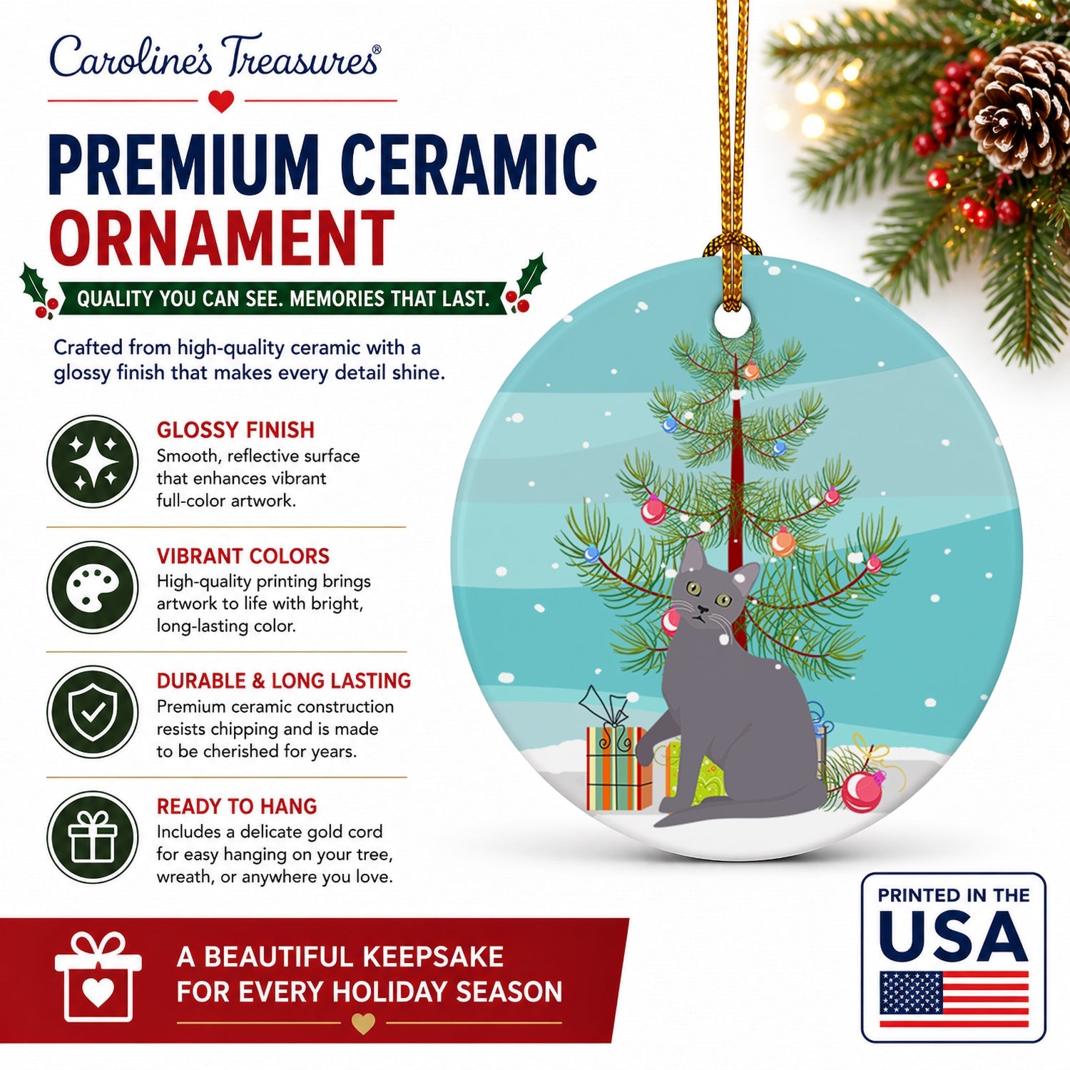 Korat Cat Christmas Ceramic Ornament Christmas Tree Hanging Decorations for Home Christmas Holiday, Party, Gift, 3 in, Multicolor
