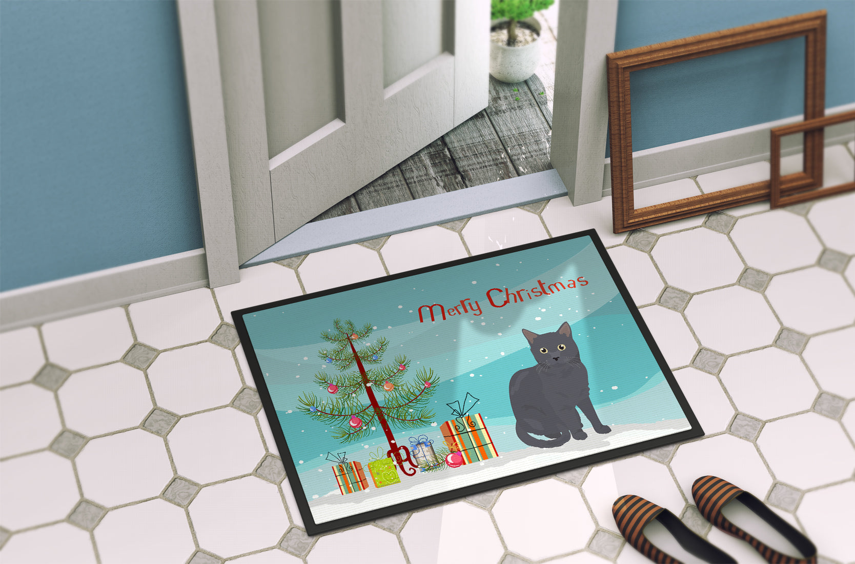 Nebelung Cat Christmas Doormat Indoor Outdoor 24H X 36W Front Door Mat Rugs for Entryway, Non Slip Washable Low Pile,
