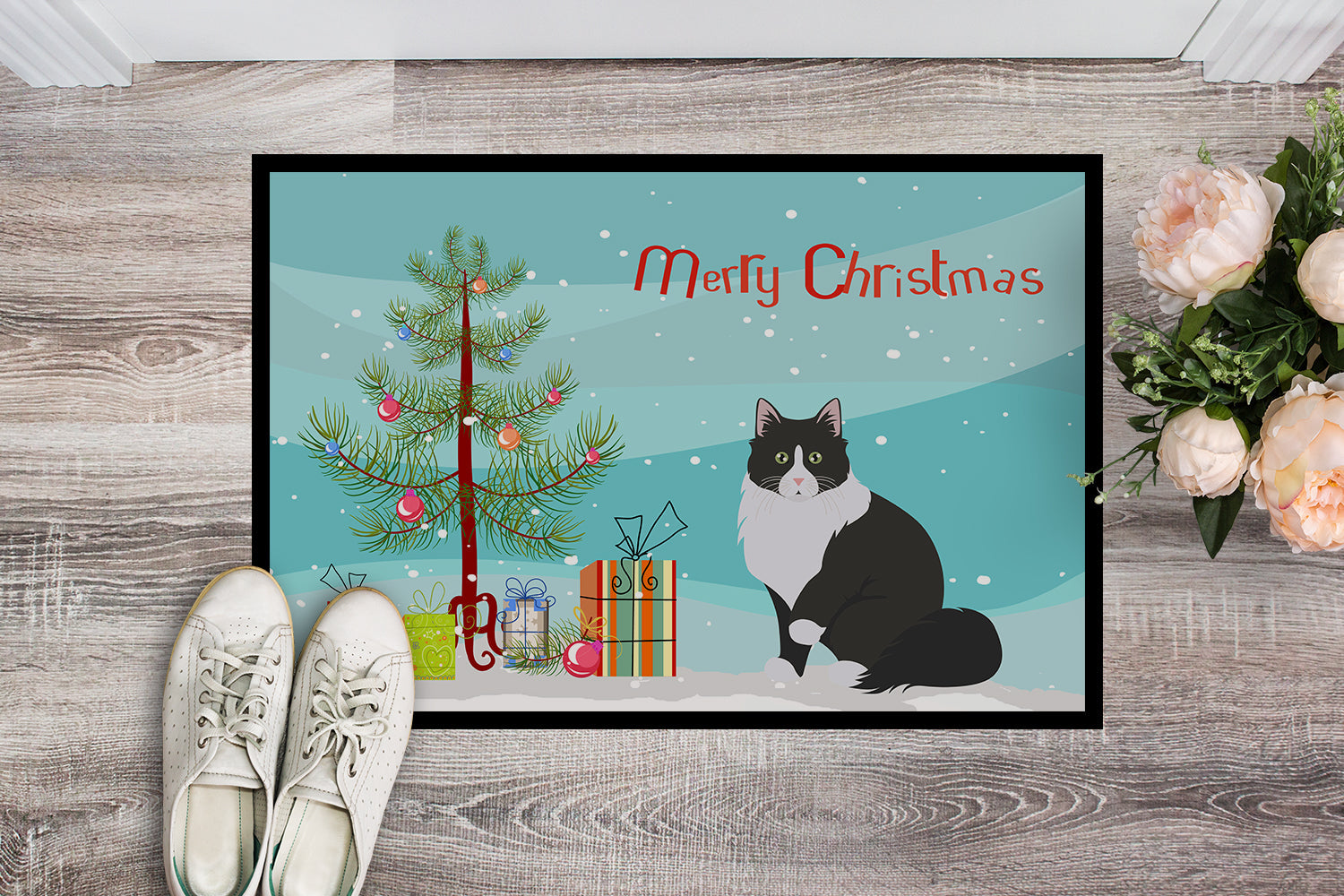 Siberian Forest Cat Christmas Doormat Indoor Outdoor 24H X 36W Front Door Mat Rugs for Entryway, Non Slip Washable Low Pile,