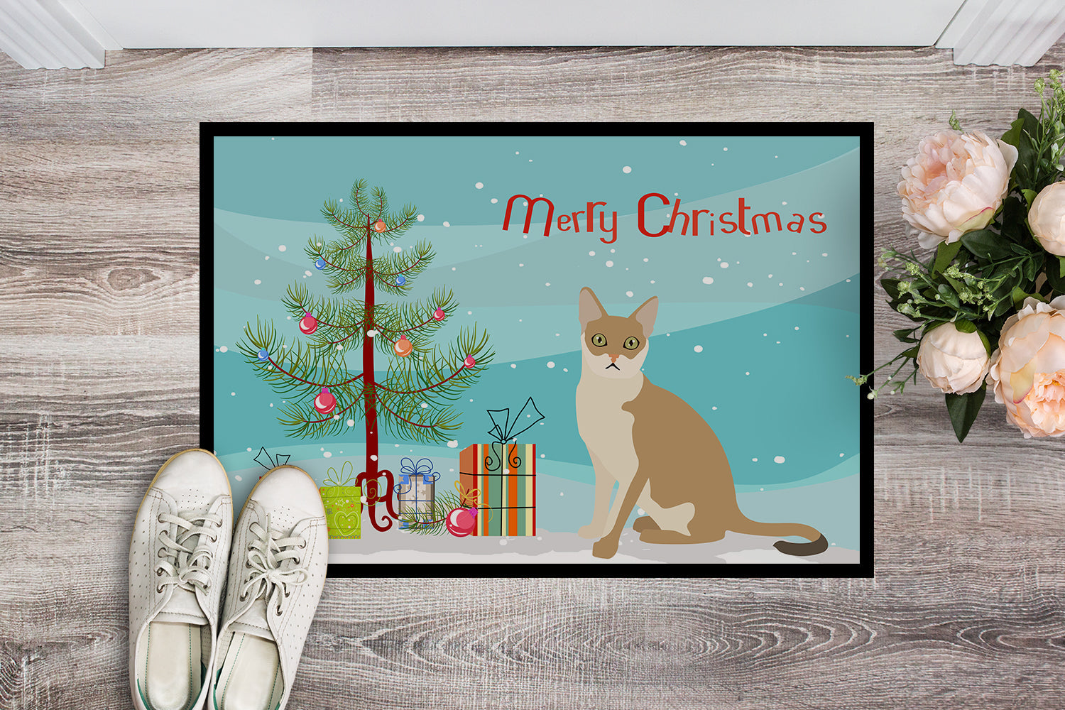 Singapura Cat Christmas Doormat Indoor Outdoor 24H X 36W Front Door Mat Rugs for Entryway, Non Slip Washable Low Pile,