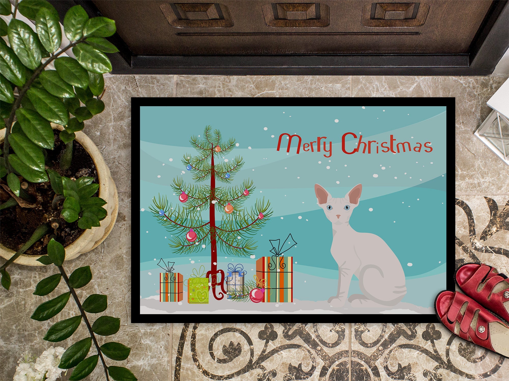 Sphynx Cat Christmas Doormat Indoor Outdoor 18H X 27W Front Door Mat Rugs for Entryway, Non Slip Washable