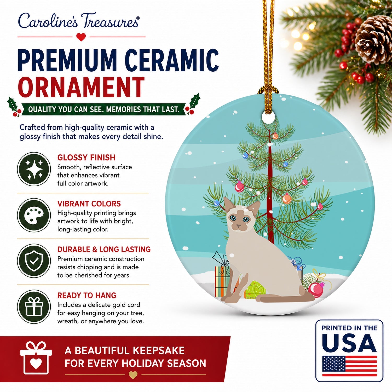 Tonkinese Cat Christmas Ceramic Ornament Christmas Tree Hanging Decorations for Home Christmas Holiday, Party, Gift, 3 in, Multicolor