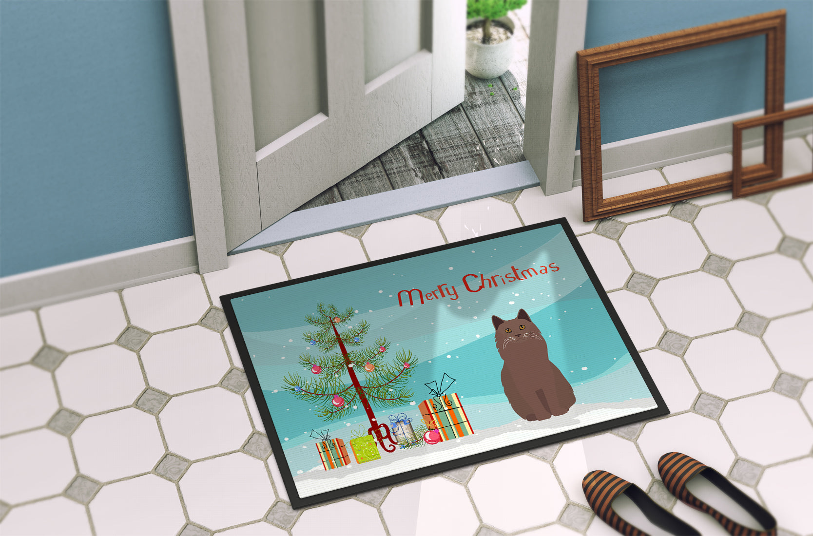 York Chocolate Cat Christmas Doormat Indoor Outdoor 24H X 36W Front Door Mat Rugs for Entryway, Non Slip Washable Low Pile,