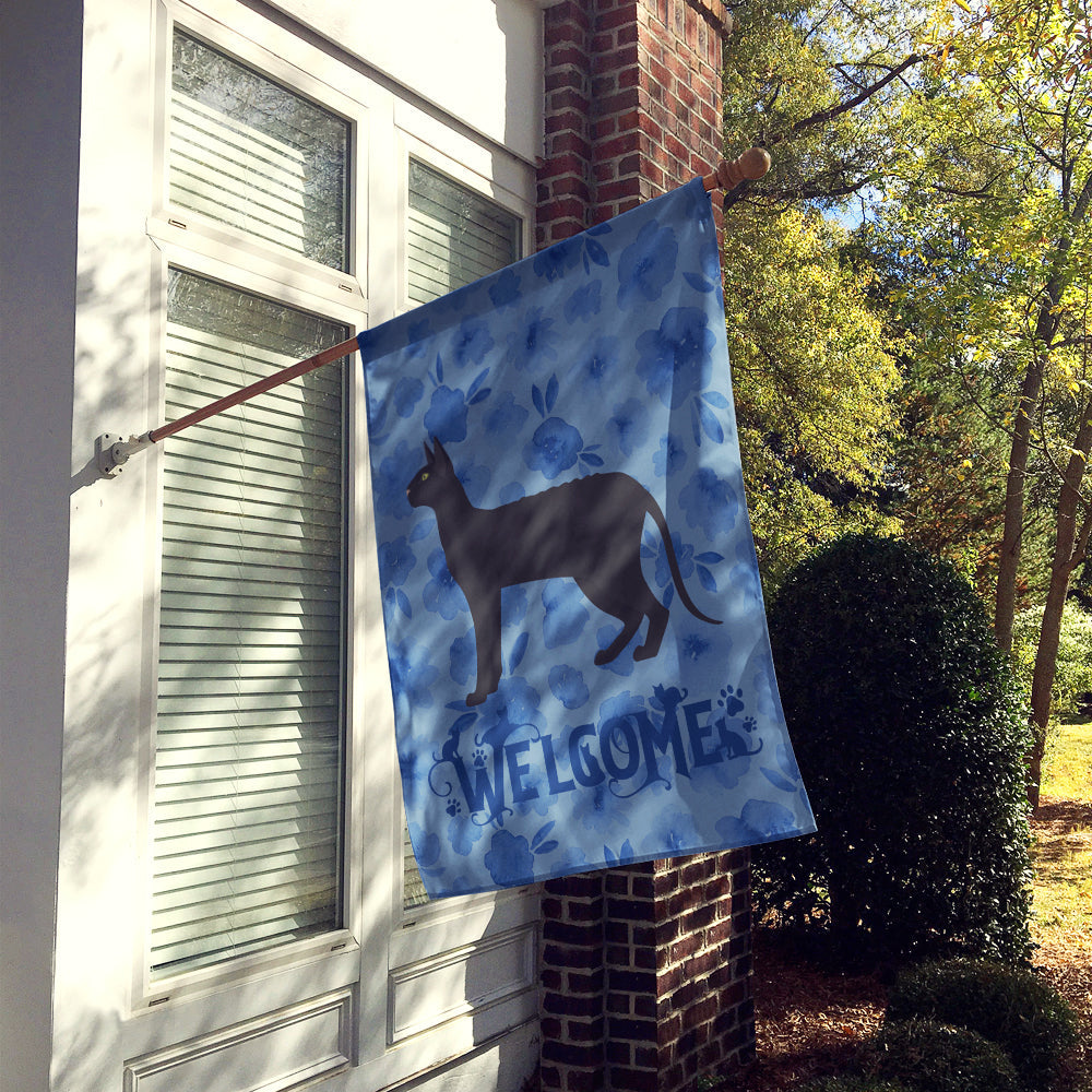 Black Cornish Rex Cat Welcome House Flag 28x40 Porch Sleeve Pole Decorative Outside Yard Banner Artwork Wall Hanging, Polyester