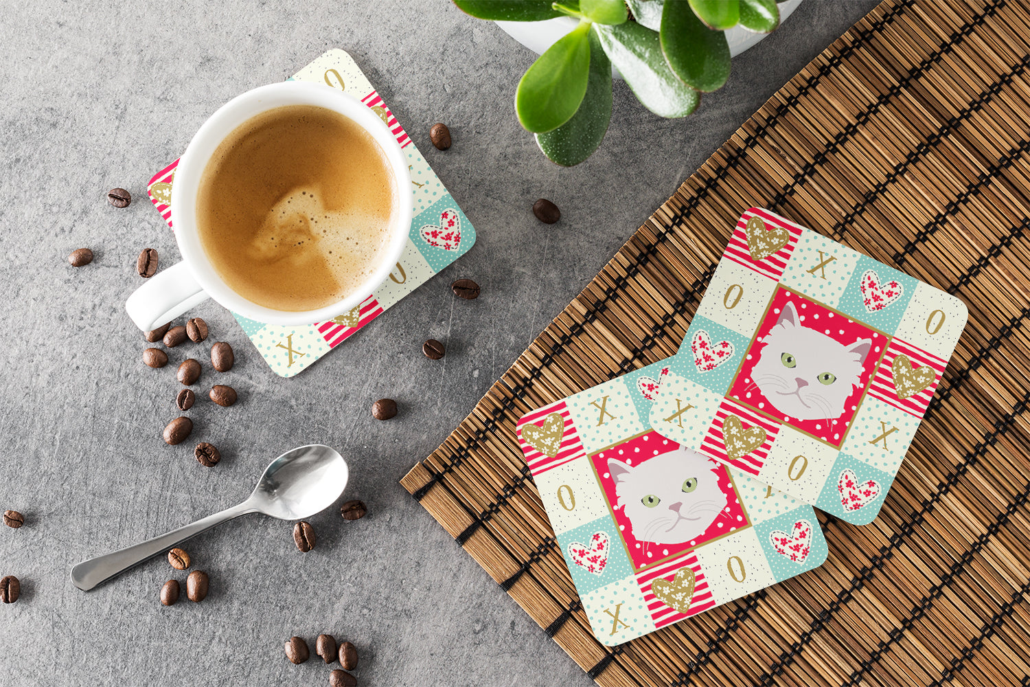 Asian Semi Longhaired Cat Love Foam Coasters Set of 4 Cup Coasters for Indoor Outdoor, Tabletop Protection, Anti Slip, Mouse pad Material