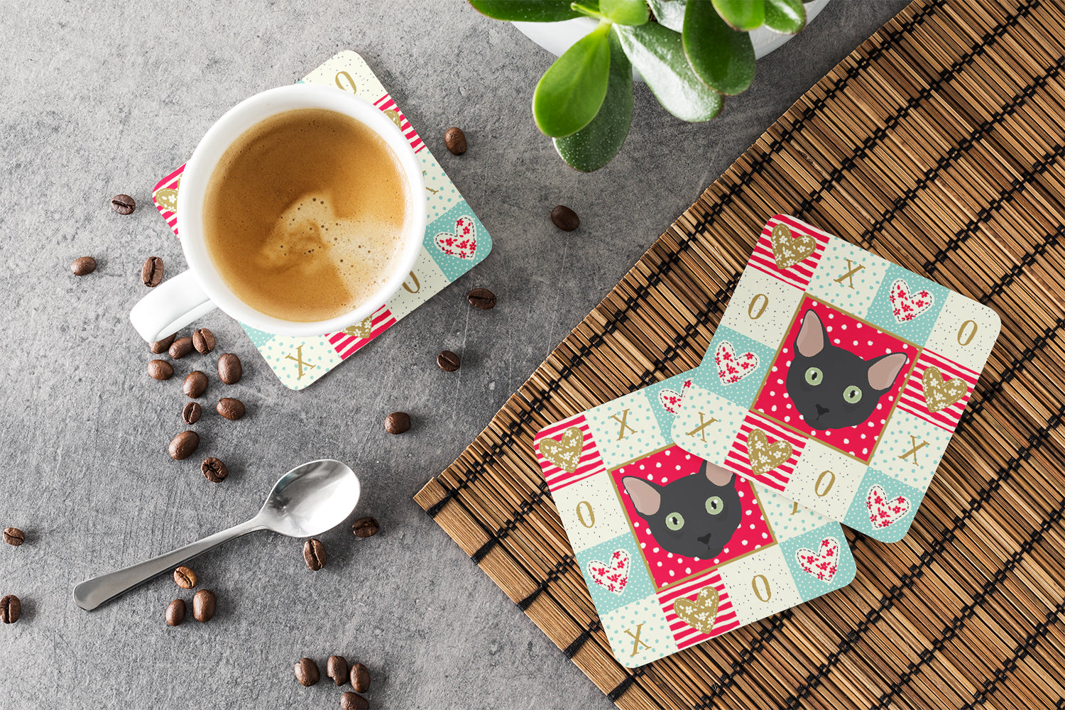 Mandalay Cat Love Foam Coasters Set of 4 Cup Coasters for Indoor Outdoor, Tabletop Protection, Anti Slip, Mouse pad Material